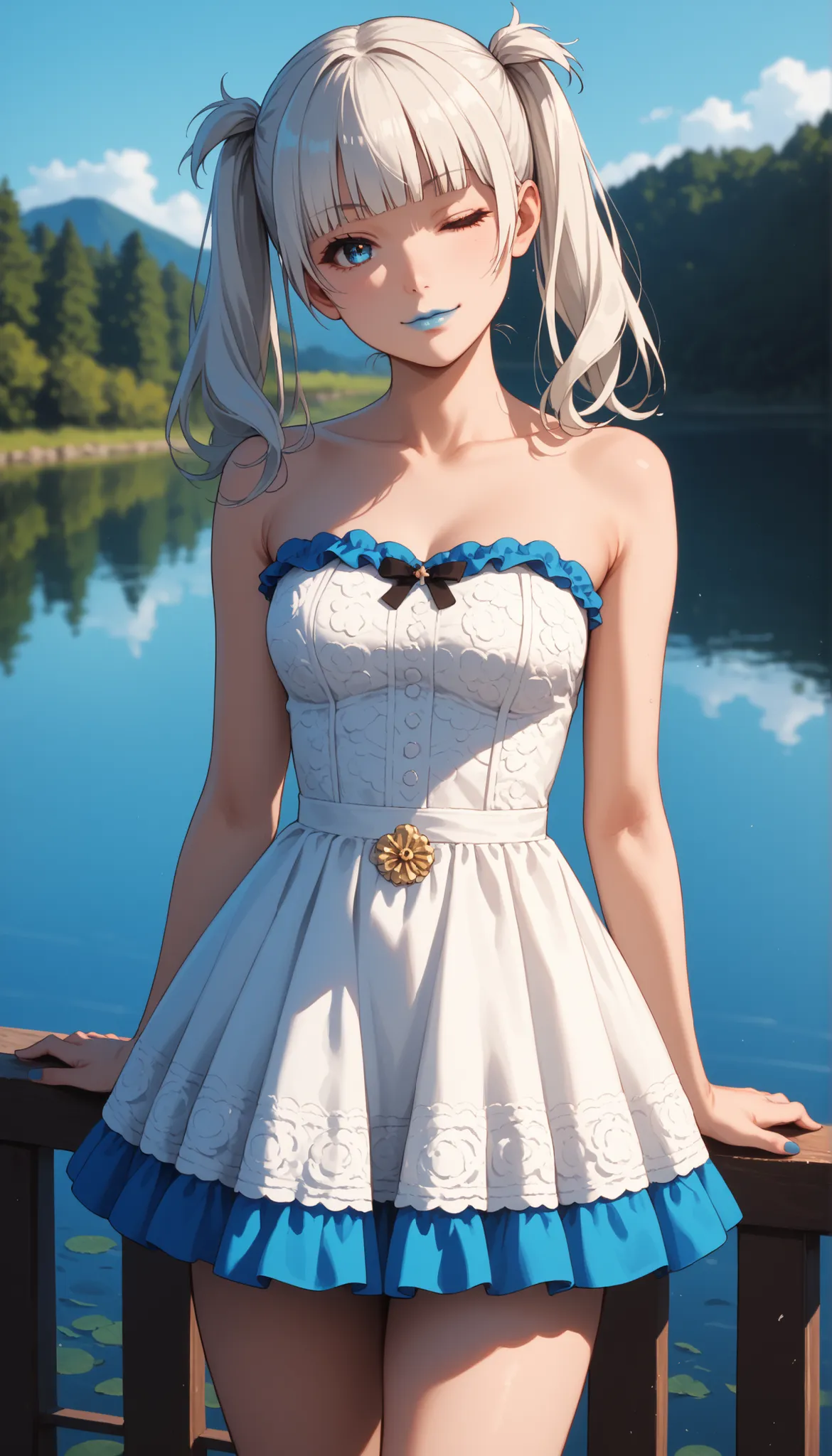 Score_9, score_8_up, score_7_up, score_6_up, source_anime, rating:general, 1girl, kirari momobami, white hair, twintails, blunt bangs, blue eyes, Sanpaku eyes, pale skin, round face, cute face, slender build, medium sized breasts, thick thighs, cute belly ...