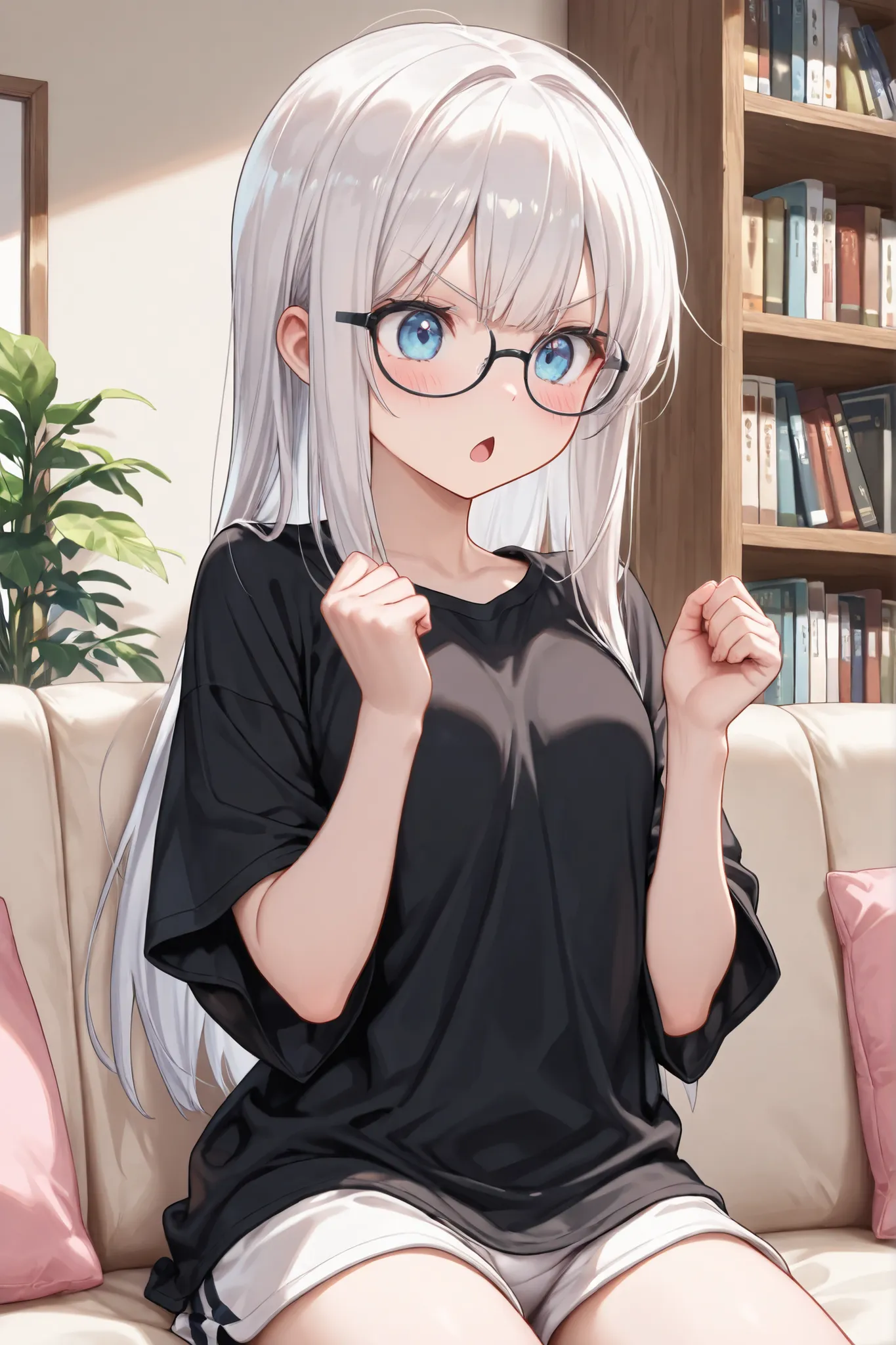 ((Masterpiece)),((best quality)),((incredibly absurdres))4((8K)),(semi realistic),
1 girl,solo,female,aged up,kawaii,white hair,long hair,straight hair,blue eyes,small breasts,v-shaped eyebrows,
(black eyewear) ,short-sleeved shirt , black shirt , Plain sh...