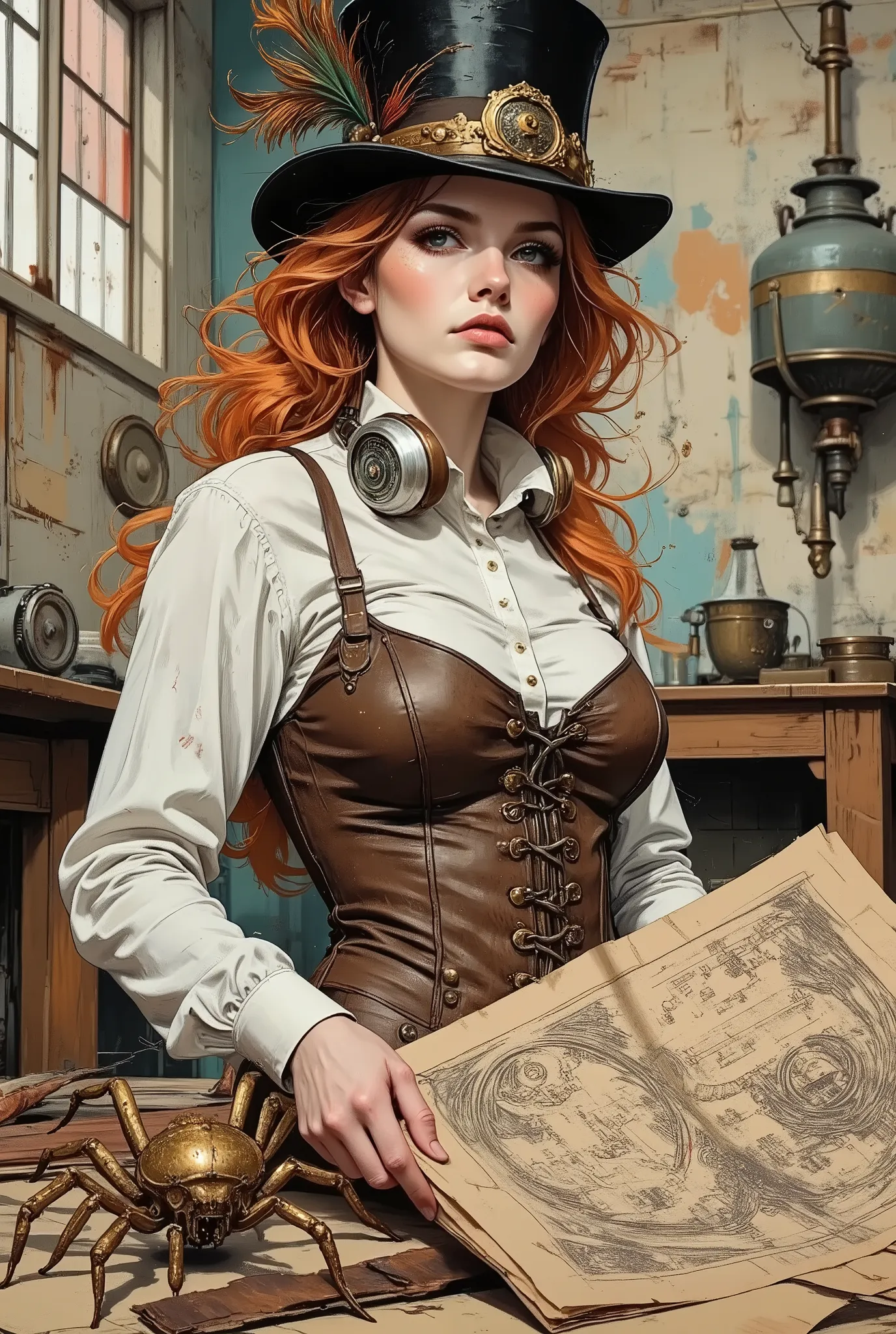 A realistic portrait of a confident woman in a workshop, dressed in a worn steampunk suit. A top hat. Worn black leather with cracks and scratches. Tarnished brass gears, some with oxide stains.A dirty peacock feather with a broken tip. Corset. Cracked bro...