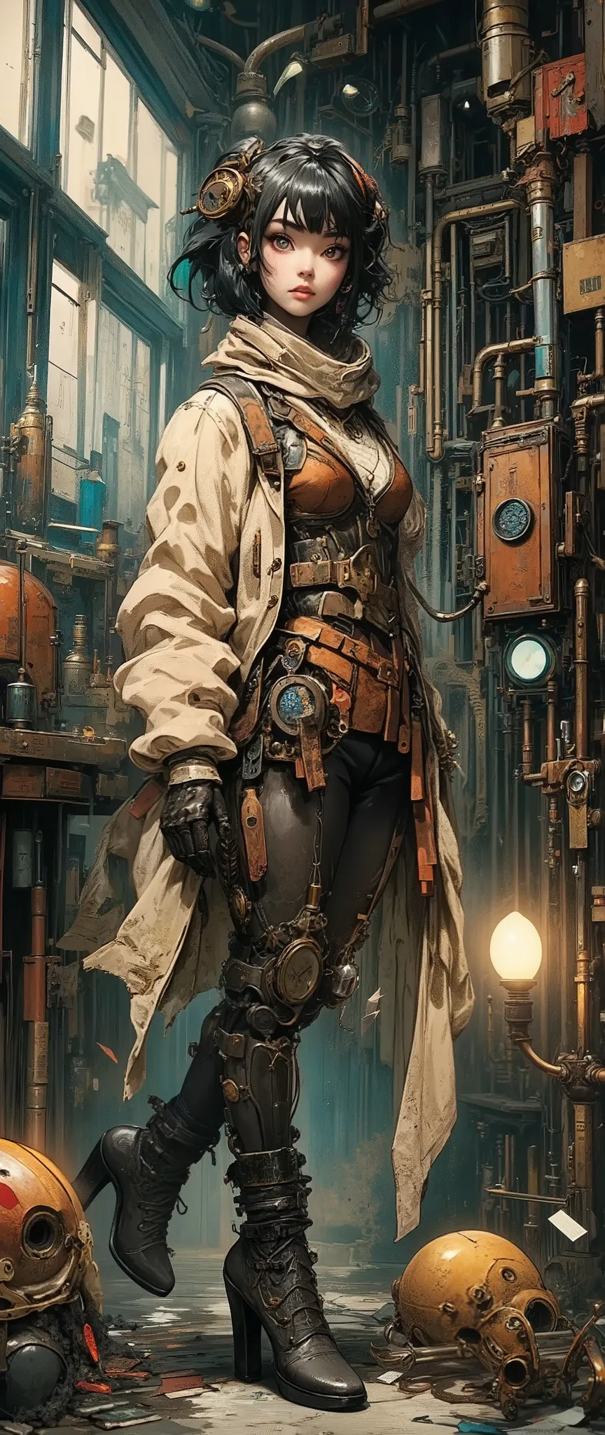 A realistic portrait of a confident woman in a workshop, dressed in a worn steampunk suit. A top hat. Worn black leather with cracks and scratches. Tarnished brass gears, some with oxide stains.A dirty peacock feather with a broken tip. Corset. Cracked bro...