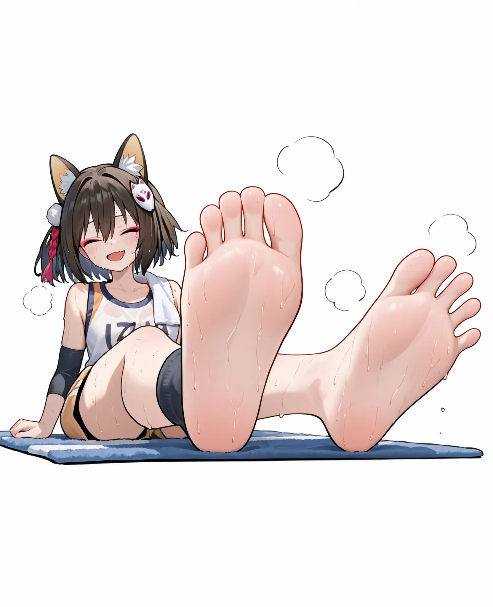 (izuna)，tired，Just finished exercising，Sportswear ，大sweat淋漓，Show your feet，(Soles)，Black socks，擦sweat，Wear a towel on your shoulder，steam，(sweat)