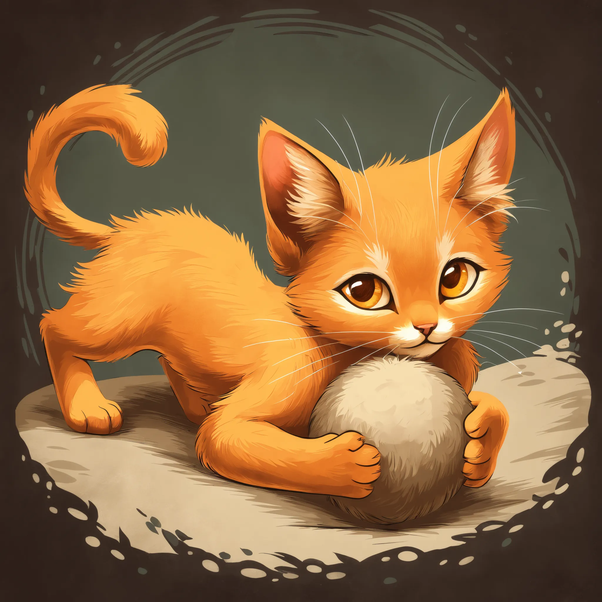 Orange kitten with amber eyes, playing with a wool ball in aquatint art style