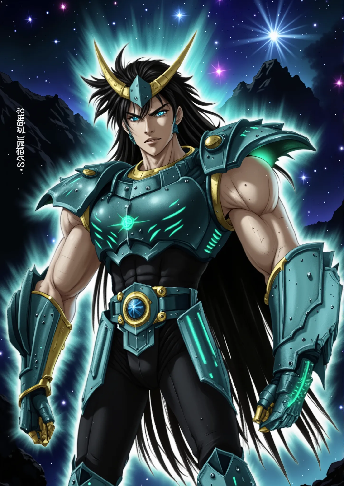 An epic scene in realistic anime style 3D ultra-HD (modern Saint Seiya style), with Shiryu of the Dragon in a futuristic version. The video begins with the camera slowly rising from the ground to the top of a floating rocky mountain, surrounded by blue mis...