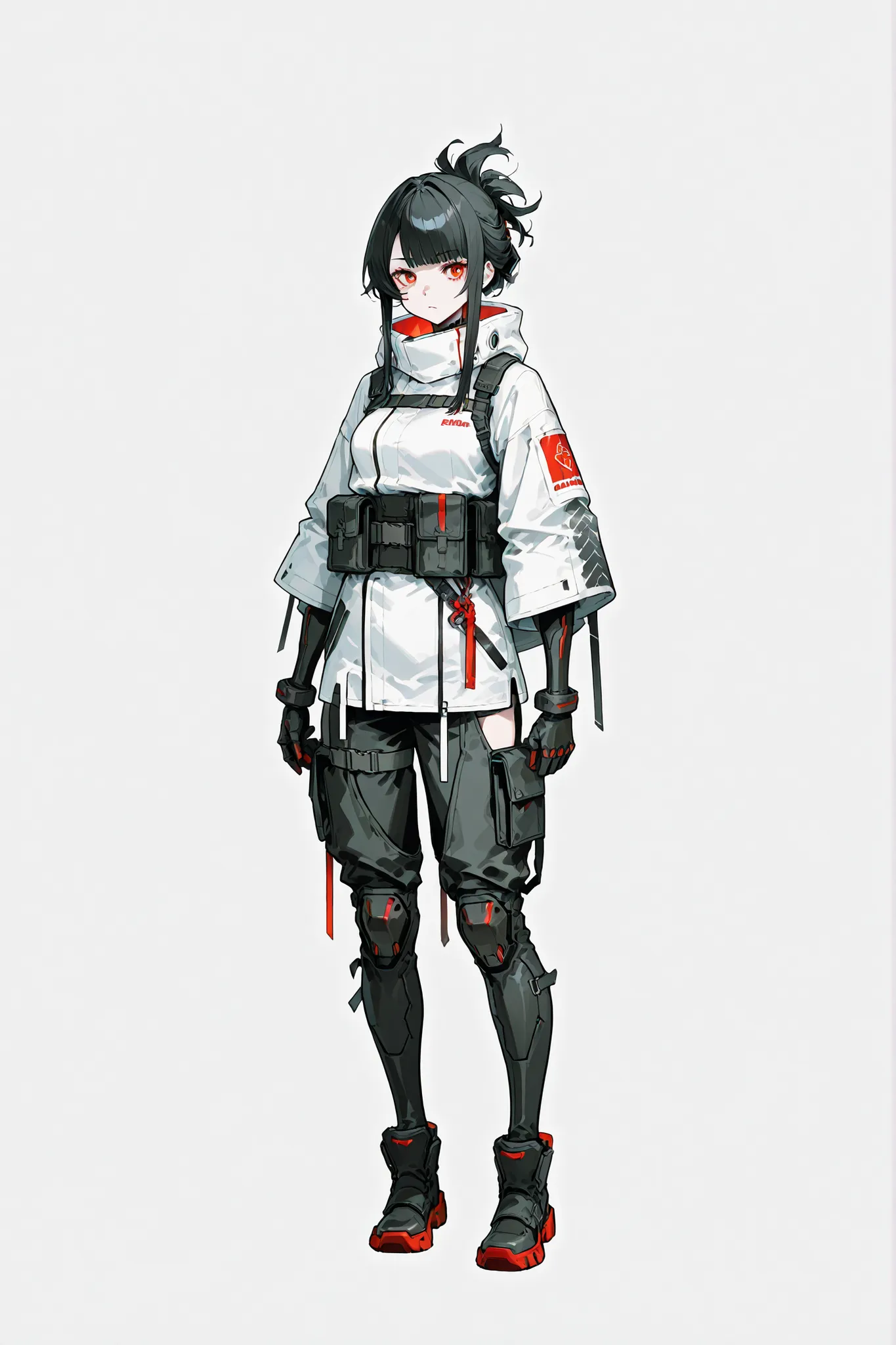 A beautiful girl with long black hair with locks on the front and a fringe and red eyes, carrying an attractive and at the same time deadly look, wearing completely white cyberpunk samurai-themed military costume and techwear (all the details and props als...