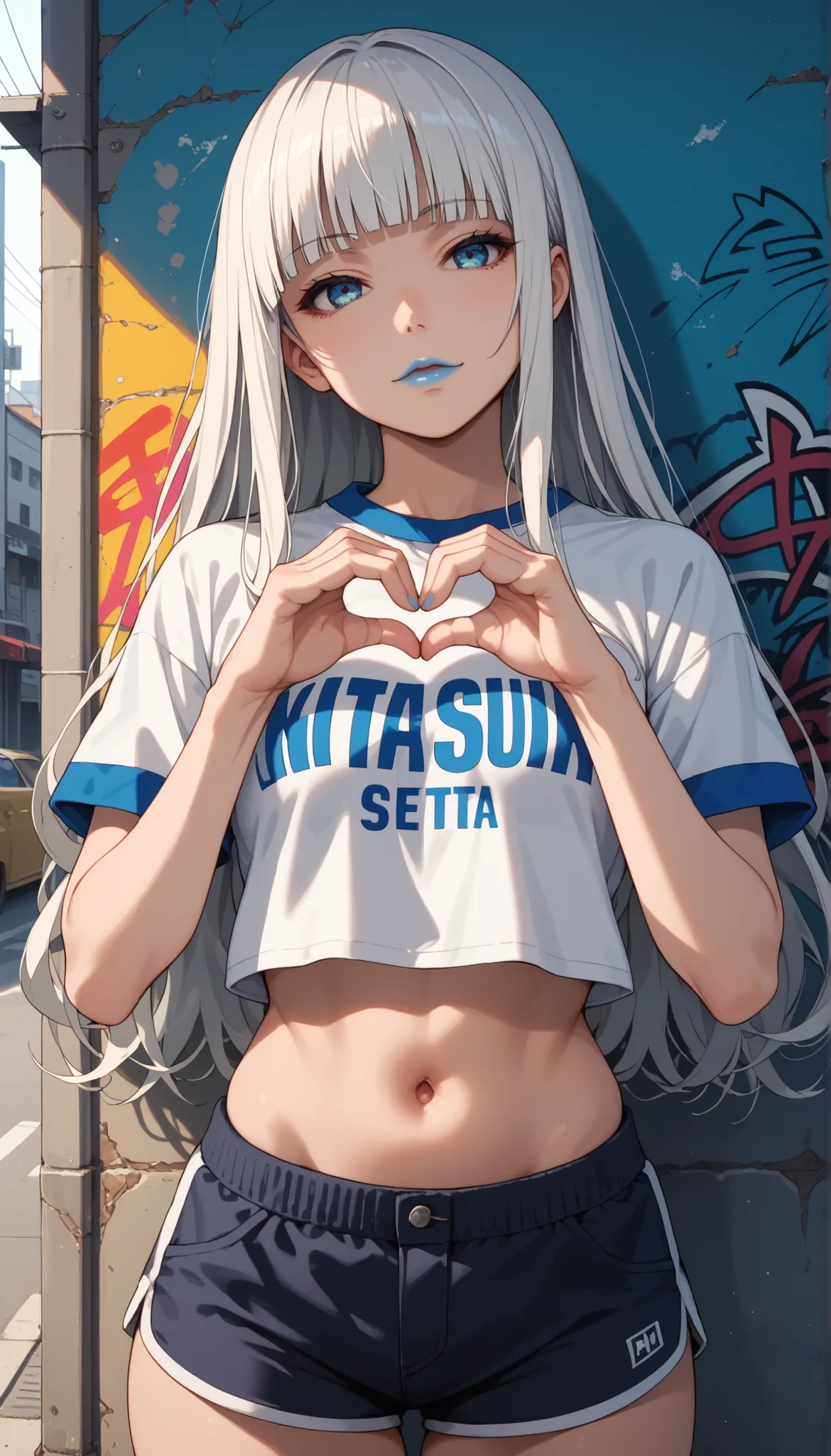 Score_9, score_8_up, score_7_up, score_6_up, source_anime, rating:general, 1girl, kirari momobami, white hair, long flowing hair, hime cut, blunt bangs, blue eyes, Sanpaku eyes, pale skin, round face, cute face, slender build, medium sized breasts, thick t...