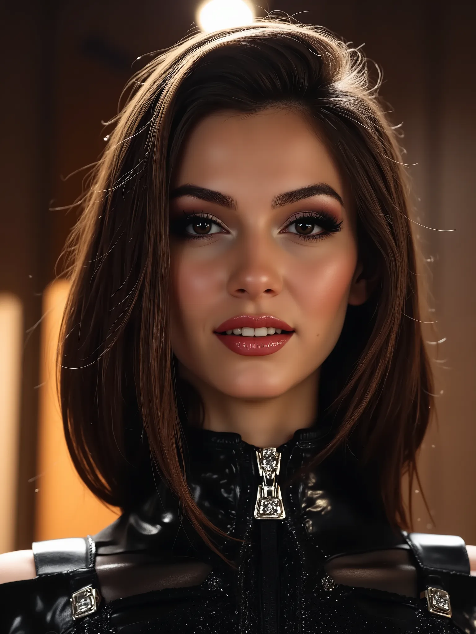 A portrait of a woman, (makeup:1.4), amazing body, (fit body:1.2), (beautiful warm smile:1.4), latex outfit, highly detailed fur, natural skin texture, 4k textures, detailed belly, Highly detailed perfect , Lightroom, Intricate, Ultra-Realistic, Out There,...