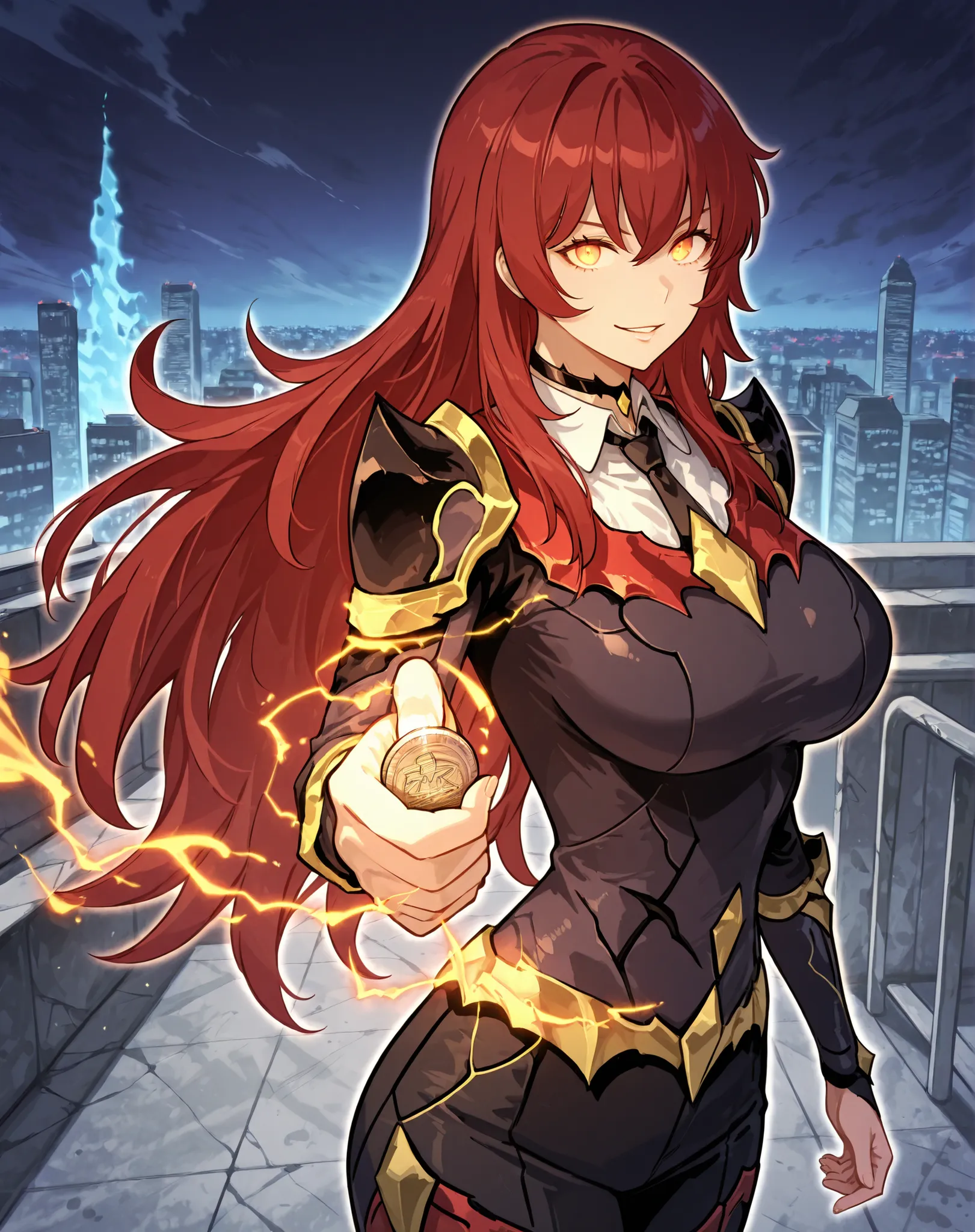  miho1, 1girl, solo, long hair, red hair, armor, bodysuit, parted lips, red eyes,large breasts, smile, hair between eyes, shoulder armor,cowboy shot, glowing eyes, black spike choker, white collared shirt, yellow eyes, black necktie, black pants, coin, hol...
