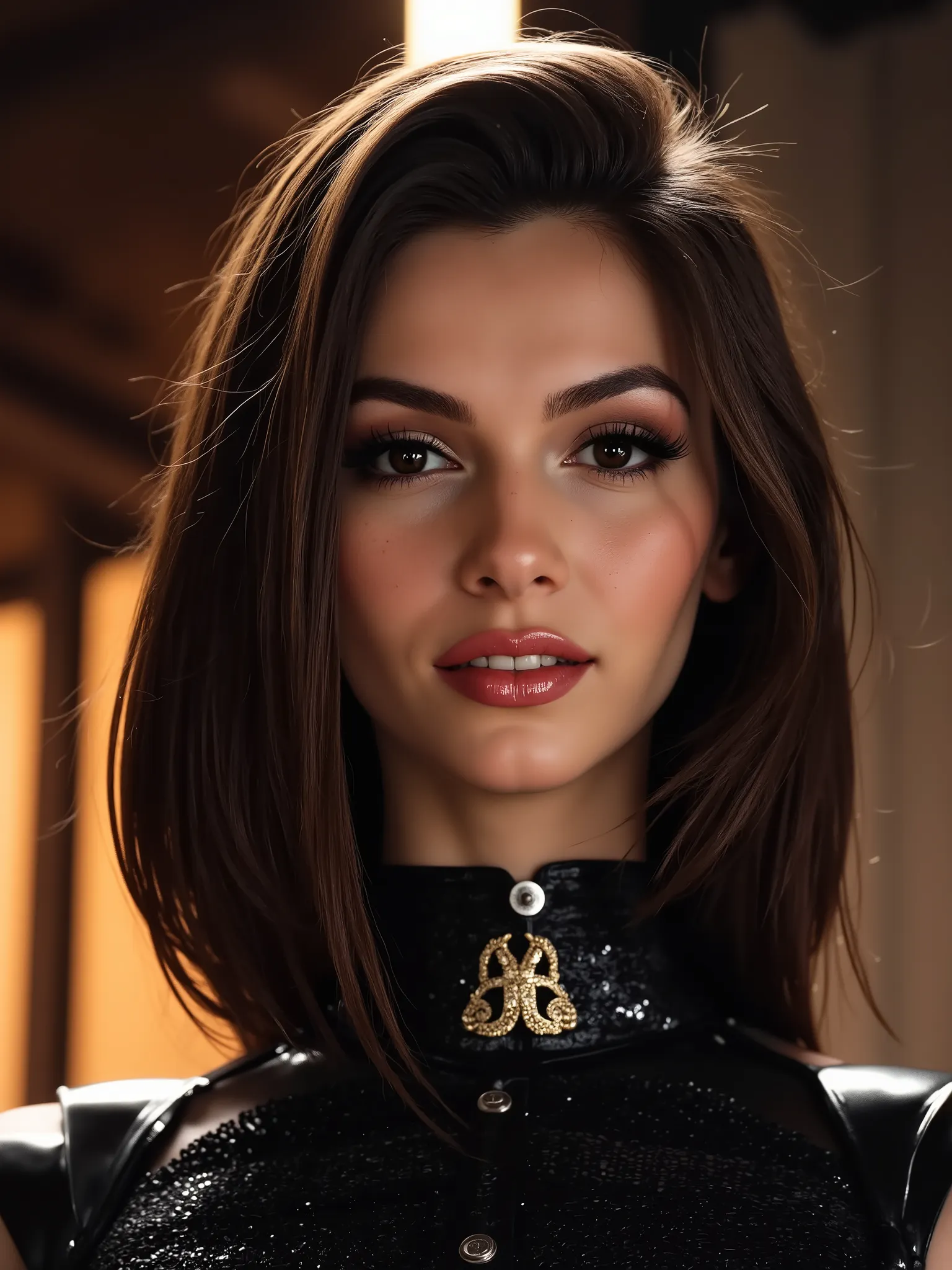 A portrait of a woman, (makeup:1.4), amazing body, (fit body:1.2), (beautiful warm smile:1.4), latex outfit, highly detailed fur, natural skin texture, 4k textures, detailed belly, Highly detailed perfect , Lightroom, Intricate, Ultra-Realistic, Out There,...