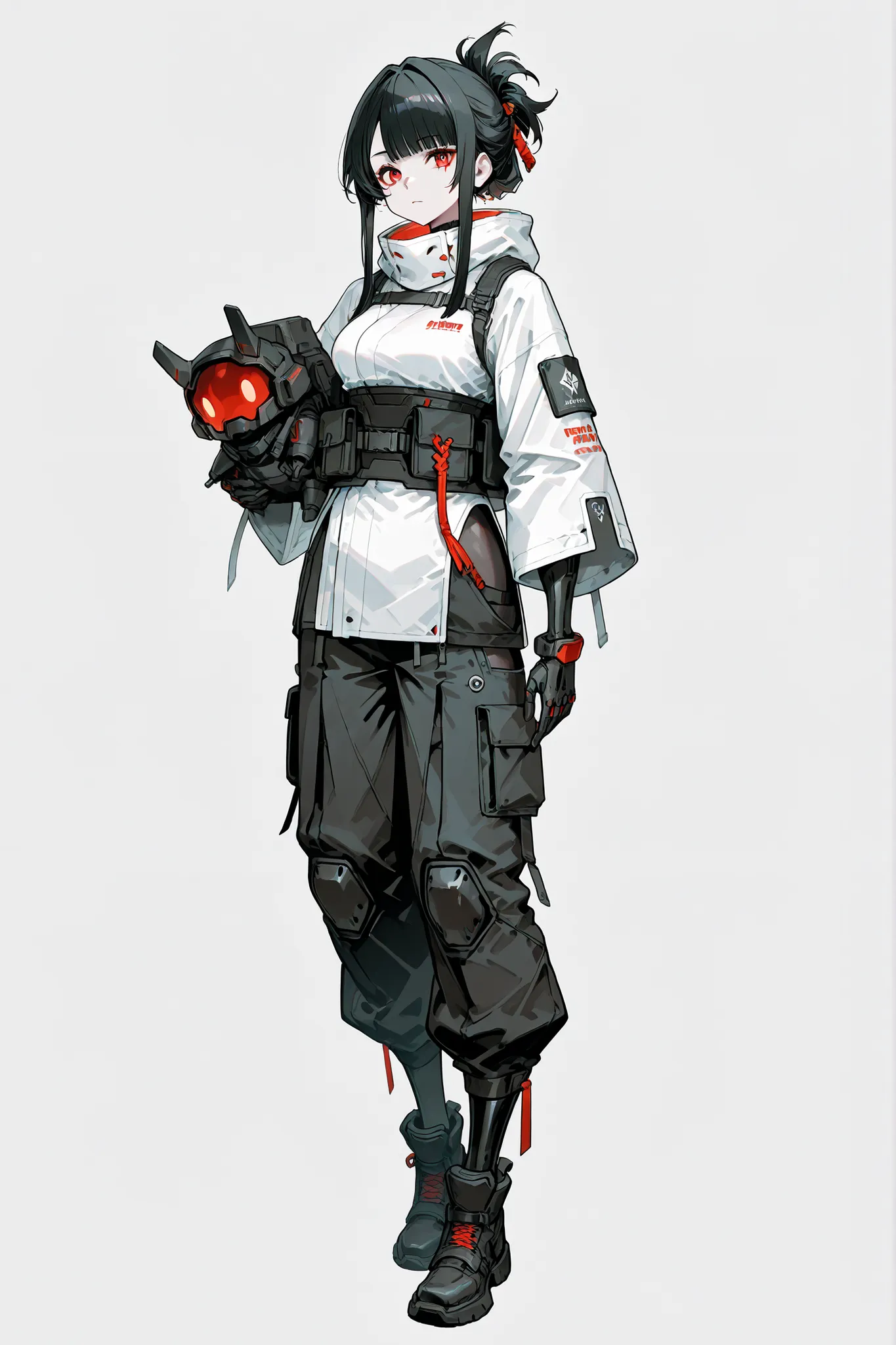 A beautiful girl with long black hair with locks on the front and a fringe and red eyes, carrying an attractive and at the same time deadly look, wearing completely white cyberpunk samurai-themed military costume and techwear (all the details and props als...