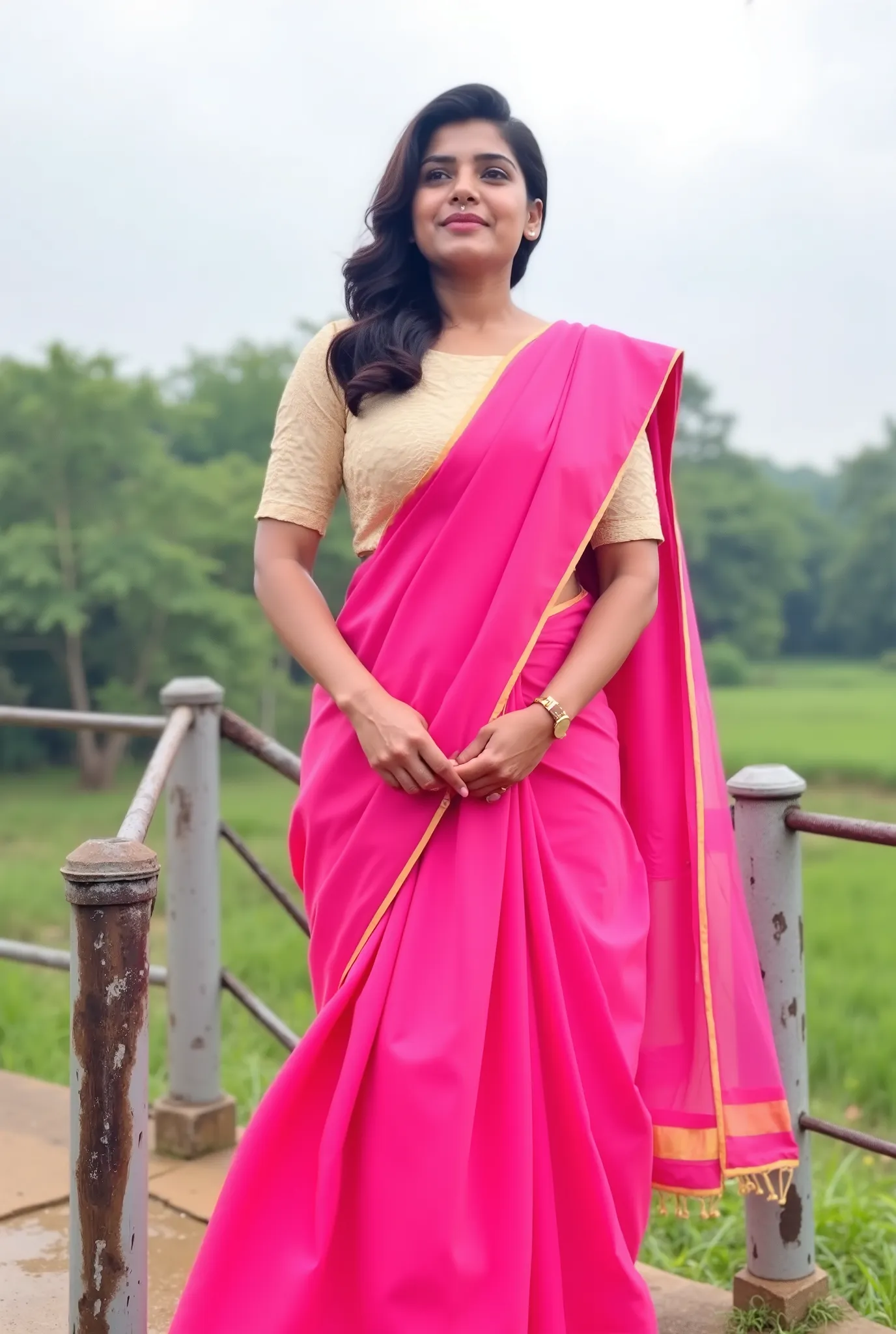 Samantha Ruth Prabhu wearing a traditional Indian saree. The saree consists of two main parts: a blouse and a long draped skirt. The blouse is a light-colored, short-sleeved top, while the skirt is a vibrant pink color. The woman also has a long piece of f...