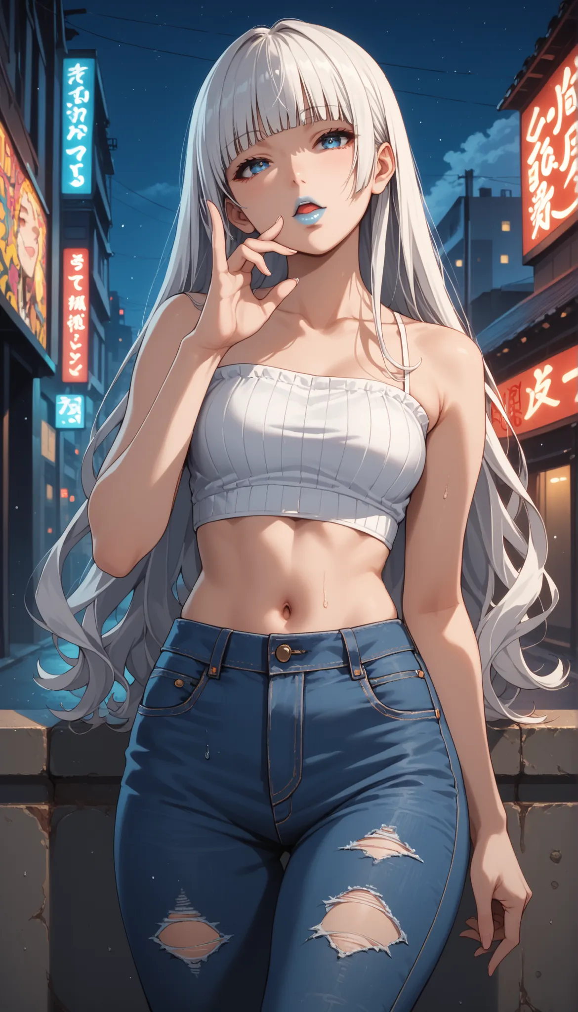 Score_9, score_8_up, score_7_up, score_6_up, source_anime, rating:general, 1girl, kirari momobami, white hair, long flowing hair, hime cut, blunt bangs, blue eyes, Sanpaku eyes, pale skin, round face, cute face, slender build, medium sized breasts, thick t...