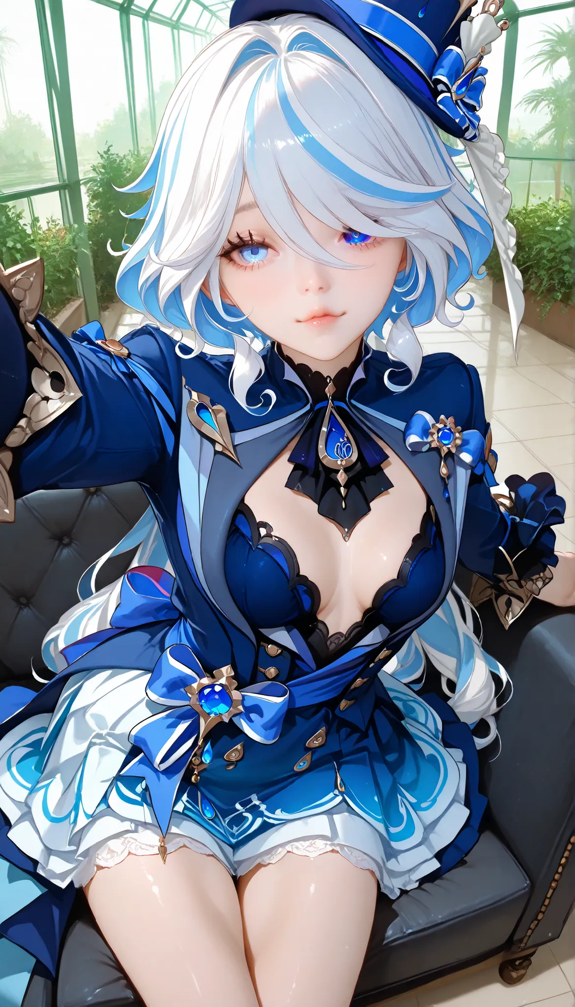 ultra detailed realistic busty furina half body, short messy white hair.
heterochromia Blue eyes.
Pinkish lips.
Blue royale dress,
background. At morning, sit on the sofa greenhouse floor, ray tracing, perfect sexy face, sexy pose , selfie