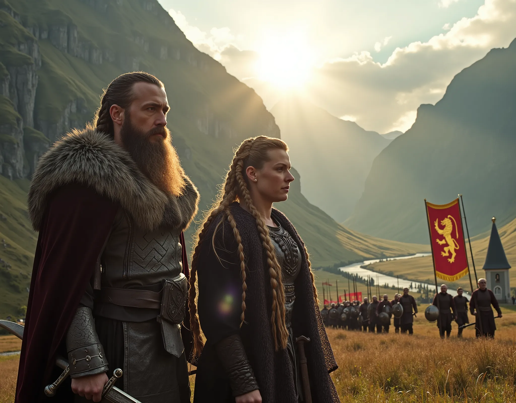 Steep and dramatic mountains are towering in the background and are slightly obfuscated by low clouds as dawn breaks and sunrays pierce through the cloud cover. A stream snakes its way down the fjord valley, revealing an ornate stave-church on the far rive...