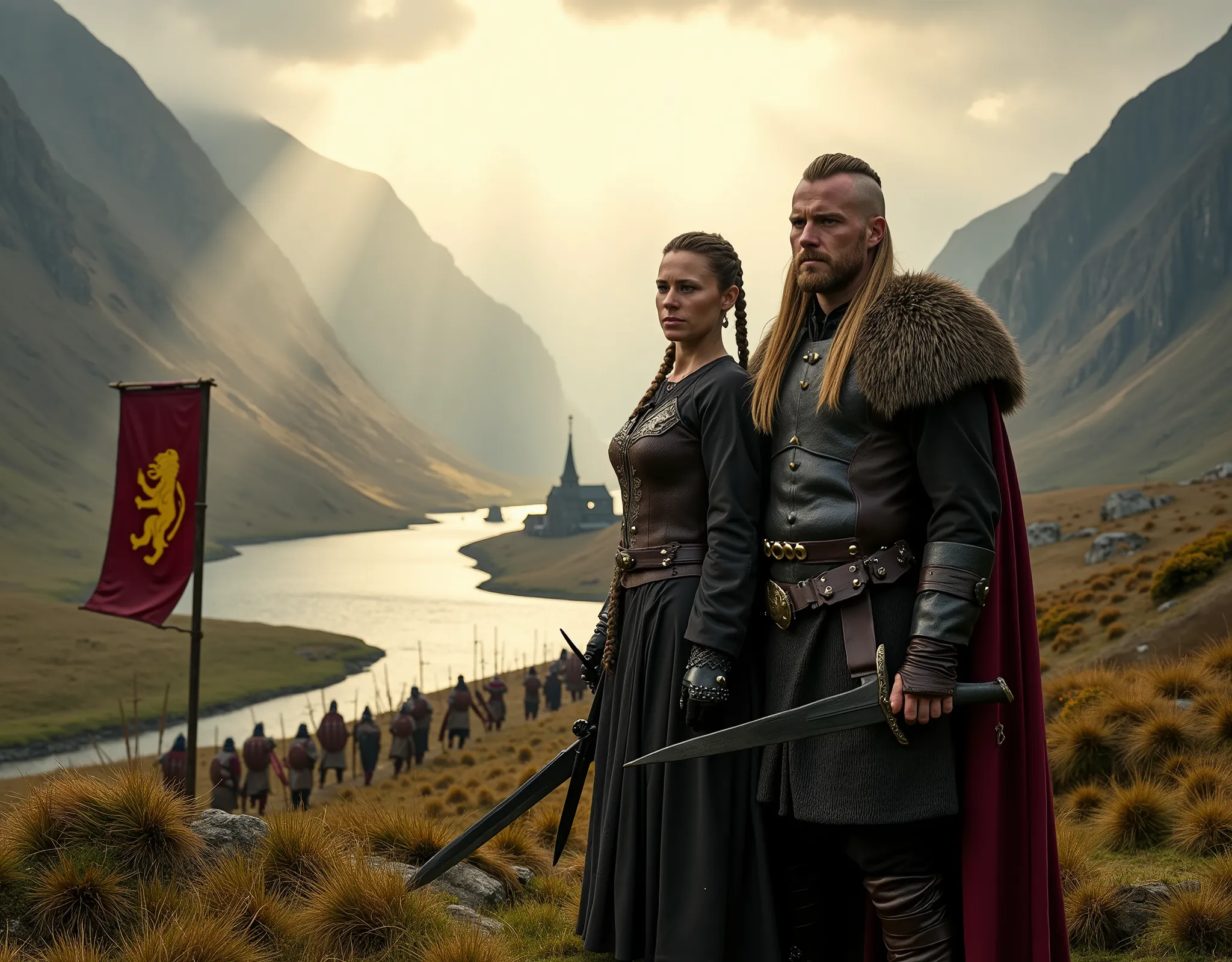 Steep and dramatic mountains are towering in the background and are slightly obfuscated by low clouds as dawn breaks and sunrays pierce through the cloud cover. A stream snakes its way down the fjord valley, revealing an ornate stave-church on the far rive...