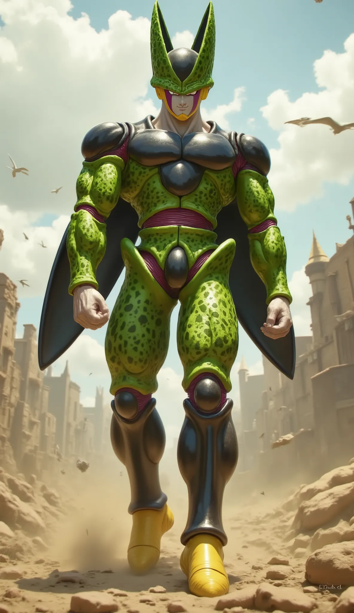 Hyperrealistic digital art of full-body Perfect Cell walking through a barren landscape. His anatomy perfectly matches the original Dragon Ball Z design: symmetrical, muscular, lean but defined, with a regal posture. Vibrant green skin with black spots ove...