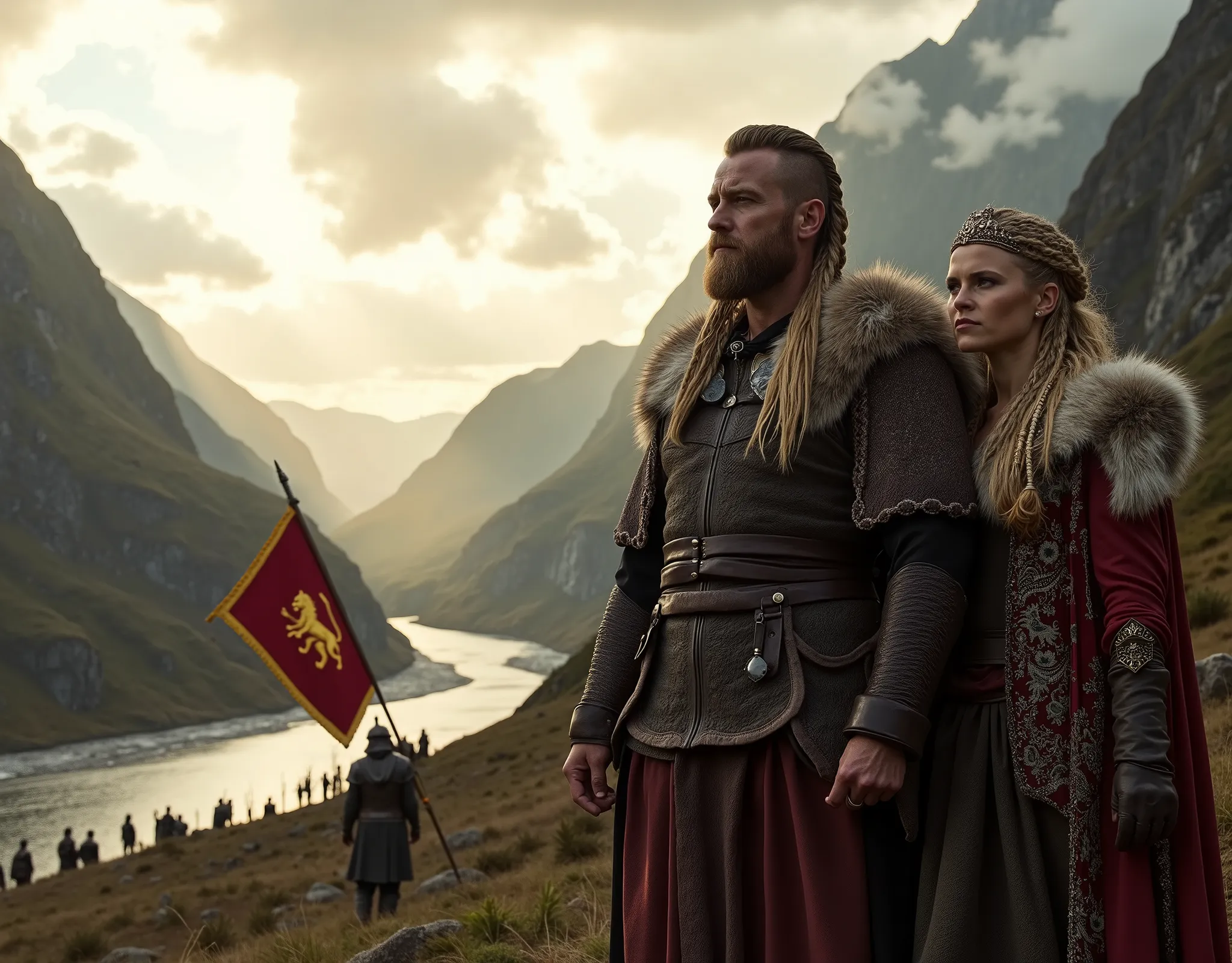 Steep and dramatic mountains are towering in the background and are slightly obfuscated by low clouds as dawn breaks and sunrays pierce through the cloud cover. A stream snakes its way down the fjord valley, revealing an ornate stave-church on the far rive...