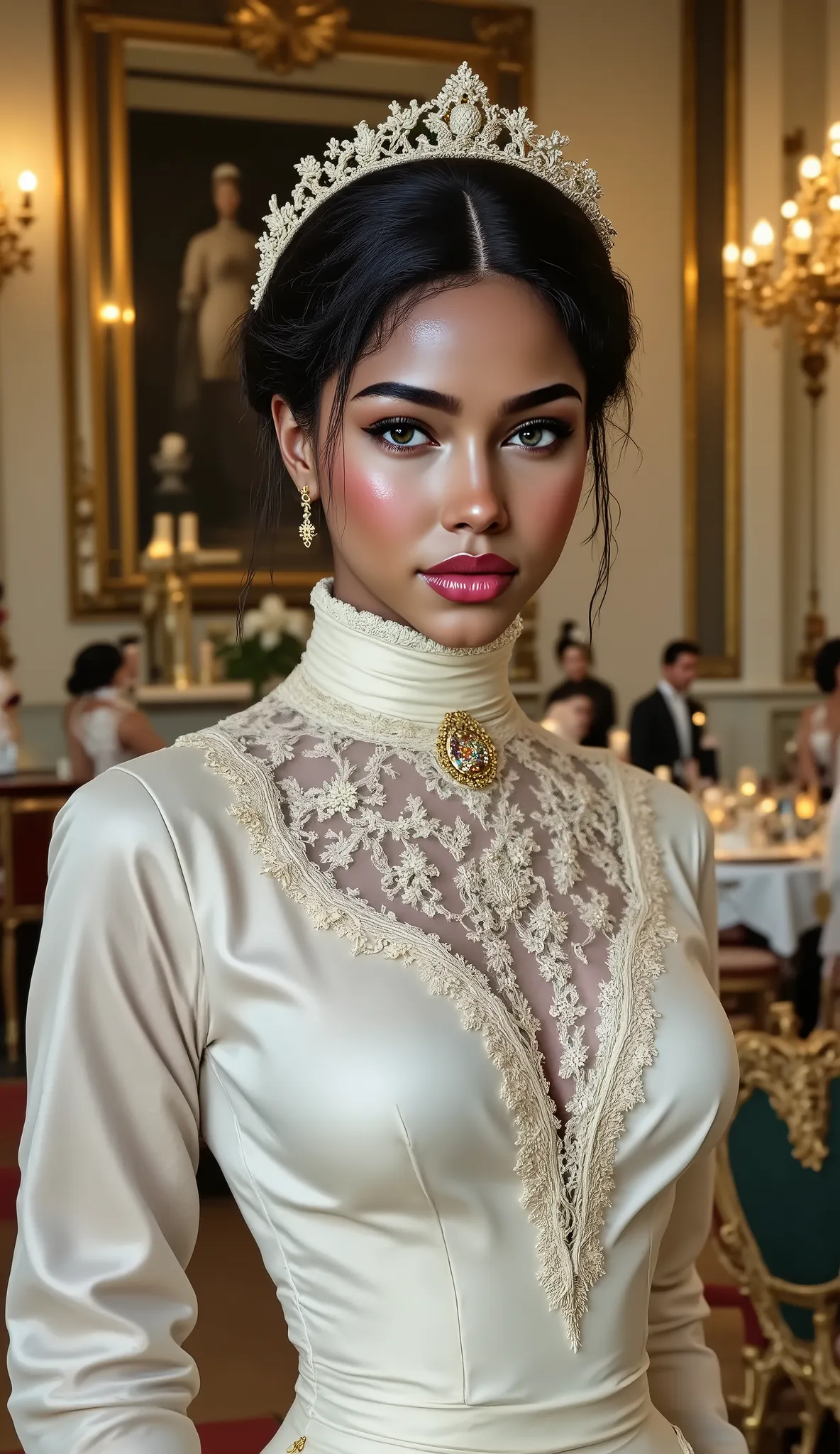 Jyla West in Victorian Era, white dress, palace, duchess, light make up, conservative