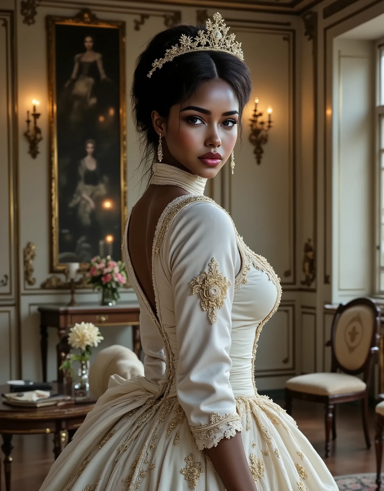 Jyla West, a bi-racial woman in Victorian Era, white dress, palace, duchess, light make up, conservative