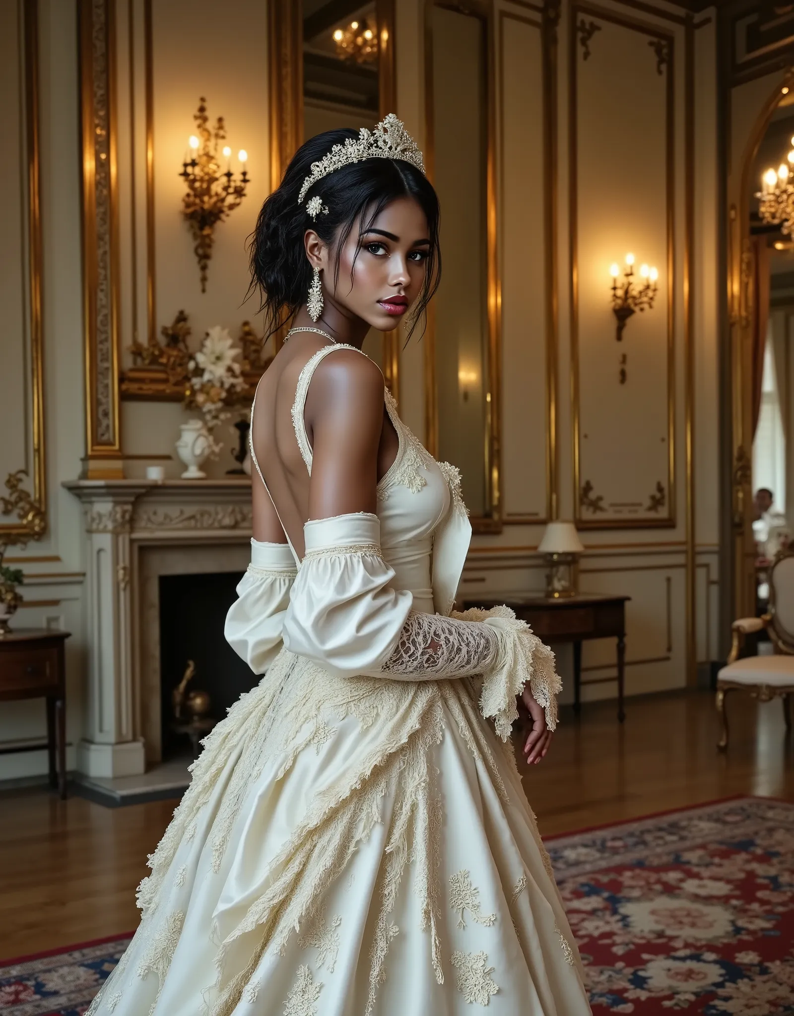 Jyla West, a bi-racial woman in Victorian Era, white dress, palace, duchess, light make up, conservative