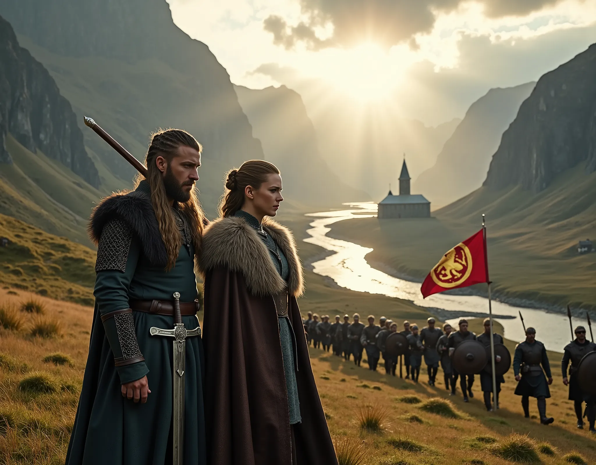 Steep and dramatic mountains are towering in the background and are slightly obfuscated by low clouds as dawn breaks and sunrays pierce through the cloud cover. A stream snakes its way down the fjord valley, revealing an ornate stave-church on the far rive...