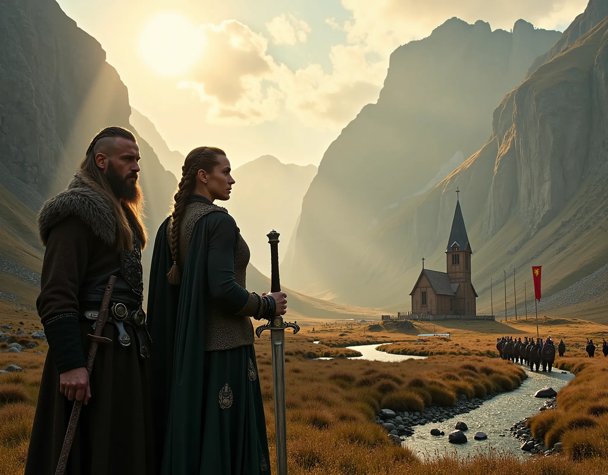 Steep and dramatic mountains are towering in the background and are slightly obfuscated by low clouds as dawn breaks and sunrays pierce through the cloud cover. A stream snakes its way down the fjord valley, revealing an ornate stave-church on the far rive...