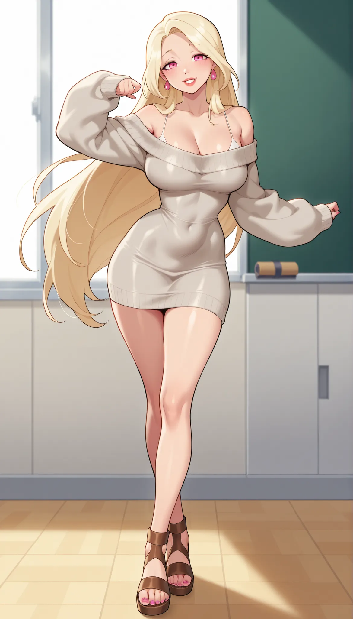 A mature extremely beautiful woman with straight long blond hair, extremely fair white natural skin, big pink eyes, red plump glossy lips, a small waist, medium-sized breasts, and a perfect slim yet curvy body. She's only wearing an ankle-length long tight...