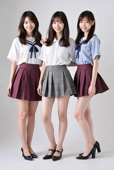 Create a realistic portrait photograph of a beautiful Japanese idol group featuring three women. They should have slim bodies, small busts, and slender legs, dressed in Nogizaka-style uniforms. Capture them in poses with smiles, showcasing a full-body shot...