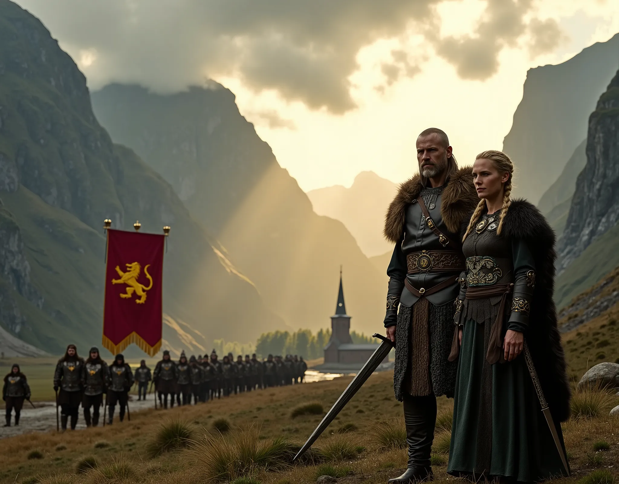 Steep and dramatic mountains are towering in the background and are slightly obfuscated by low clouds as dawn breaks and sunrays pierce through the cloud cover. A stream snakes its way down the fjord valley, revealing an ornate stave-church on the far rive...