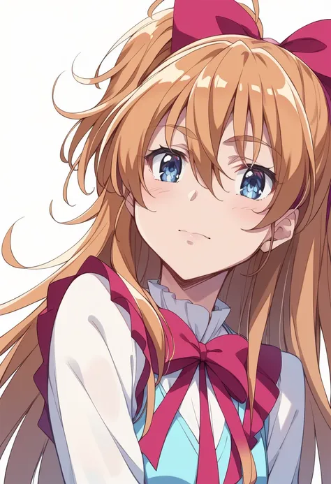 score_9, score_8_up, score_7_up, source_Anime BREAK Hojo Hibiki、ツーサイドup、ハーフup、 Hair、orange hair、 Gold、hair between eyes、long hair、Eyelashes、eyebrows seen through gaps in hair、blue eyes、hair bow、pink ribbon
　