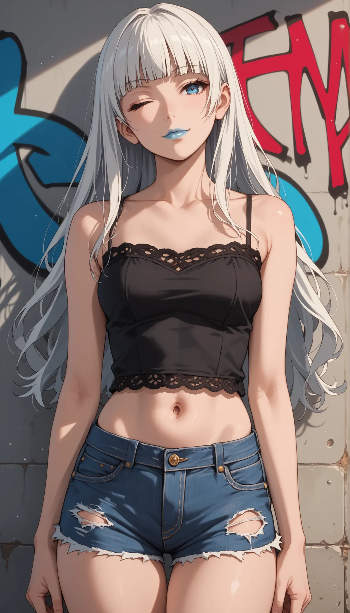 Score_9, score_8_up, score_7_up, score_6_up, source_anime, rating:general, 1girl, kirari momobami, white hair, long flowing hair, hime cut, blunt bangs, blue eyes, Sanpaku eyes, pale skin, round face, cute face, slender build, medium sized breasts, thick t...
