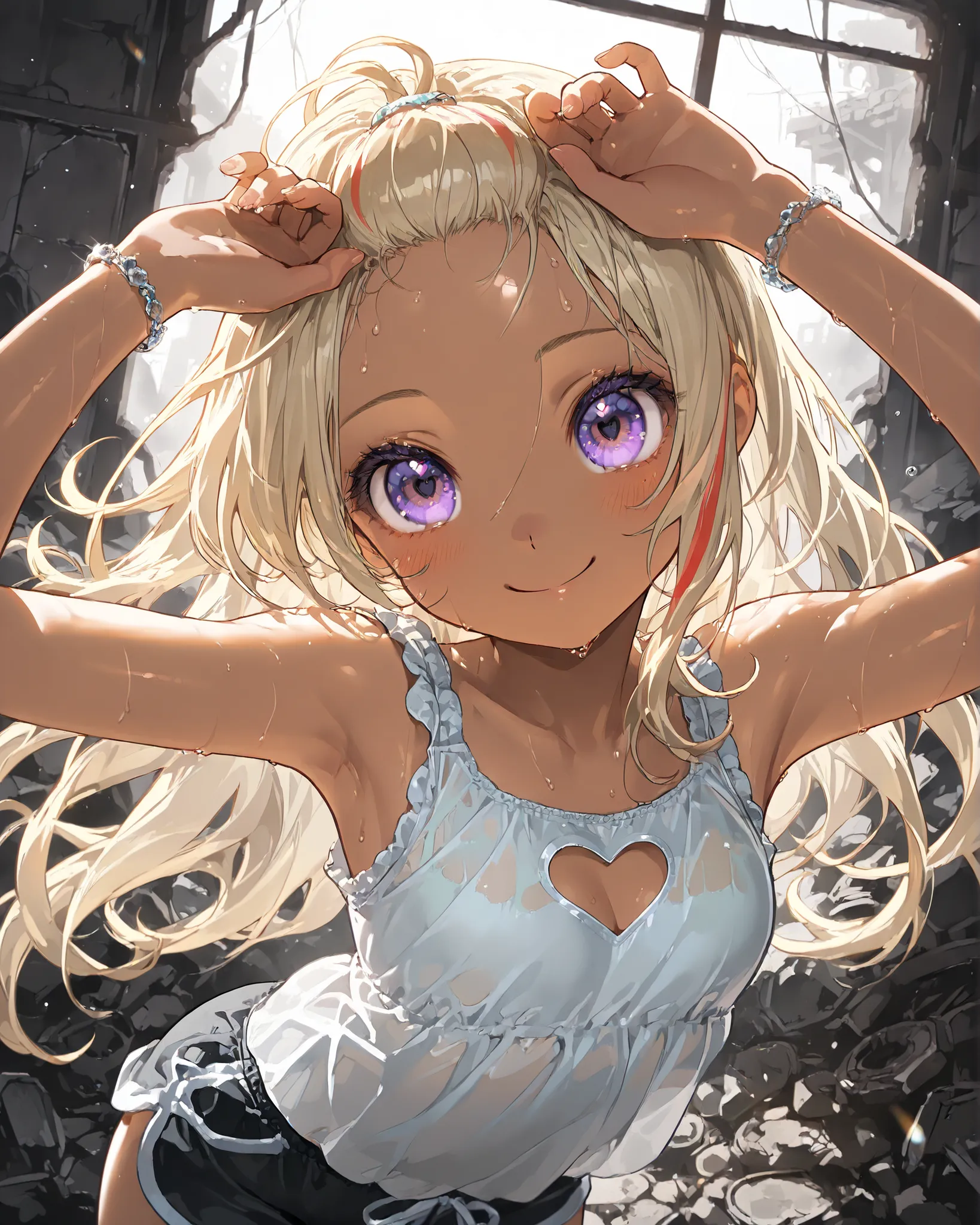 ((Masterpiece)), ((best quality, very aesthetic, absurdres, newest)), (wide shot), (8K), (cinematic lighting), ((1girl)), (cute young girl), (Healthy body, Textured skin, small breast, tilt head), ((brown-skin)), Glossy straight hair, (bangs pinned back, ...