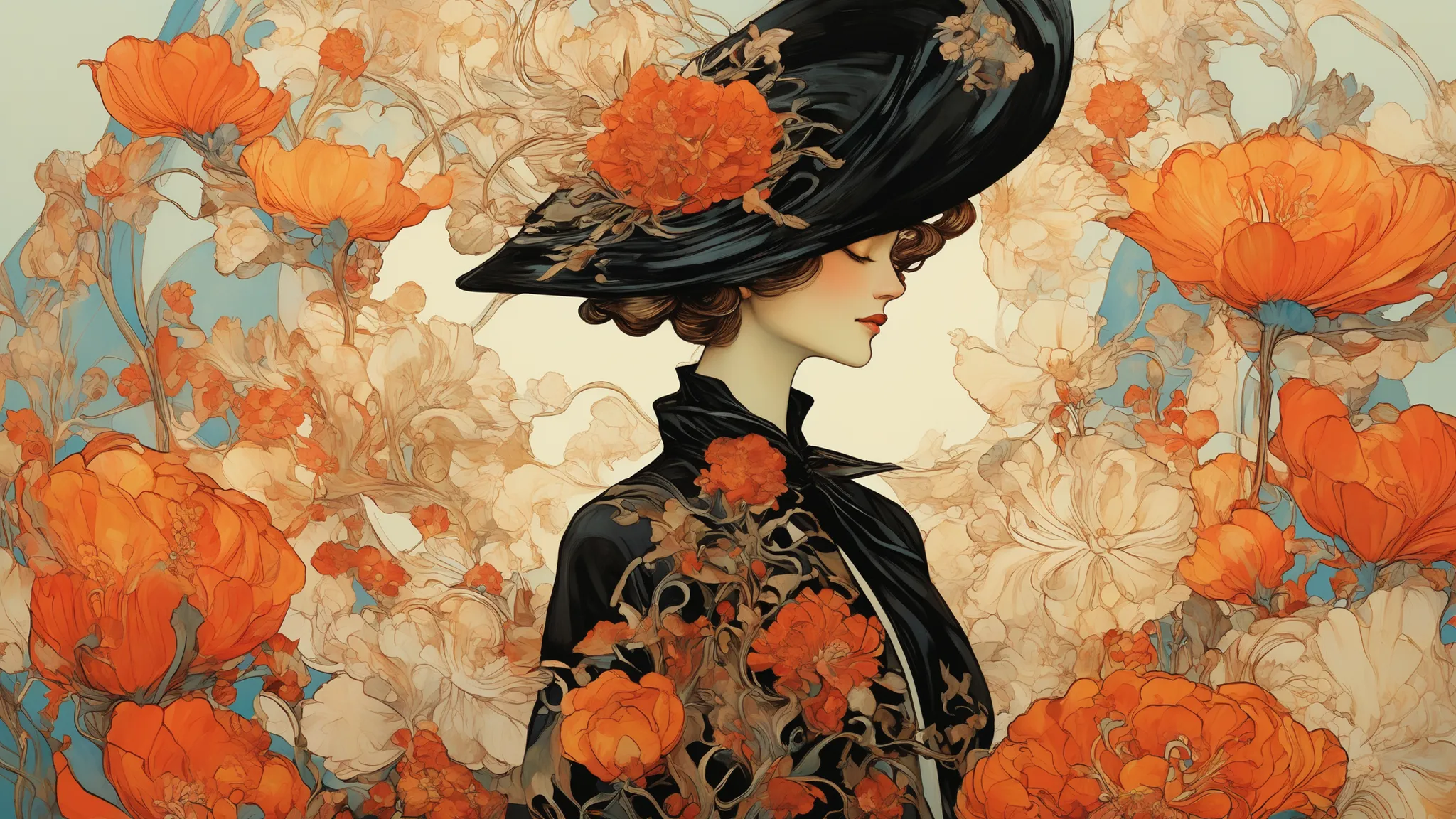 a painting of a woman wearing a black hat and flowers, modern art nouveau, art nouveau , art nouveau ! ciberpunk! style, james jean & alphonse mucha, ( art nouveau ), ( art nouveau ), oriental art nouveau , Artgerm and James Jean, hyperrealistic art nouve...
