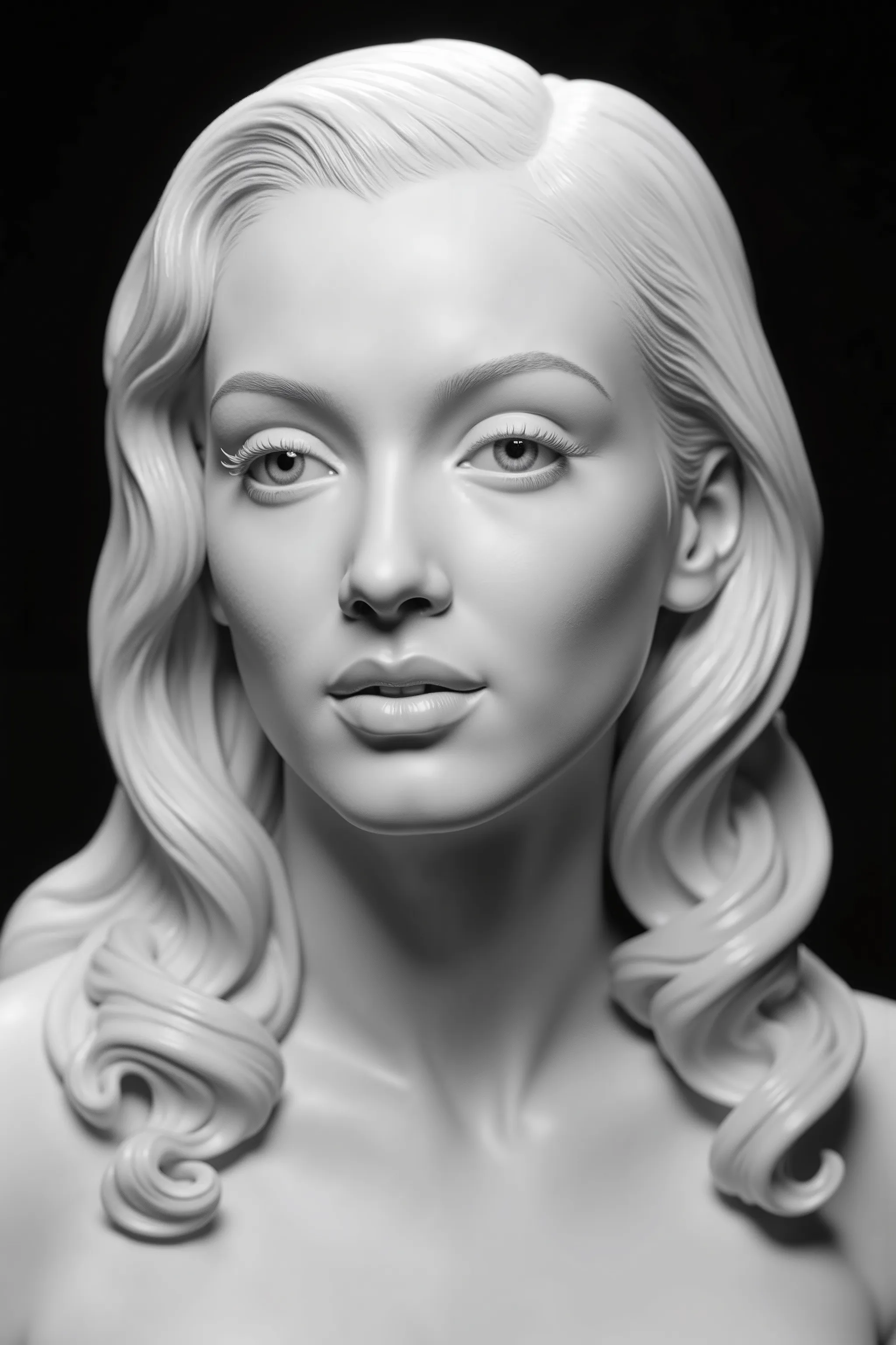 Create 3D bust that expresses all the sensuality and complexities  of a woman's face into a statue made of marble with full female faces with full lips, several big beautiful endearing eyes, long eyelashes, long hair, pale skin, love, hate, lust, anger, je...