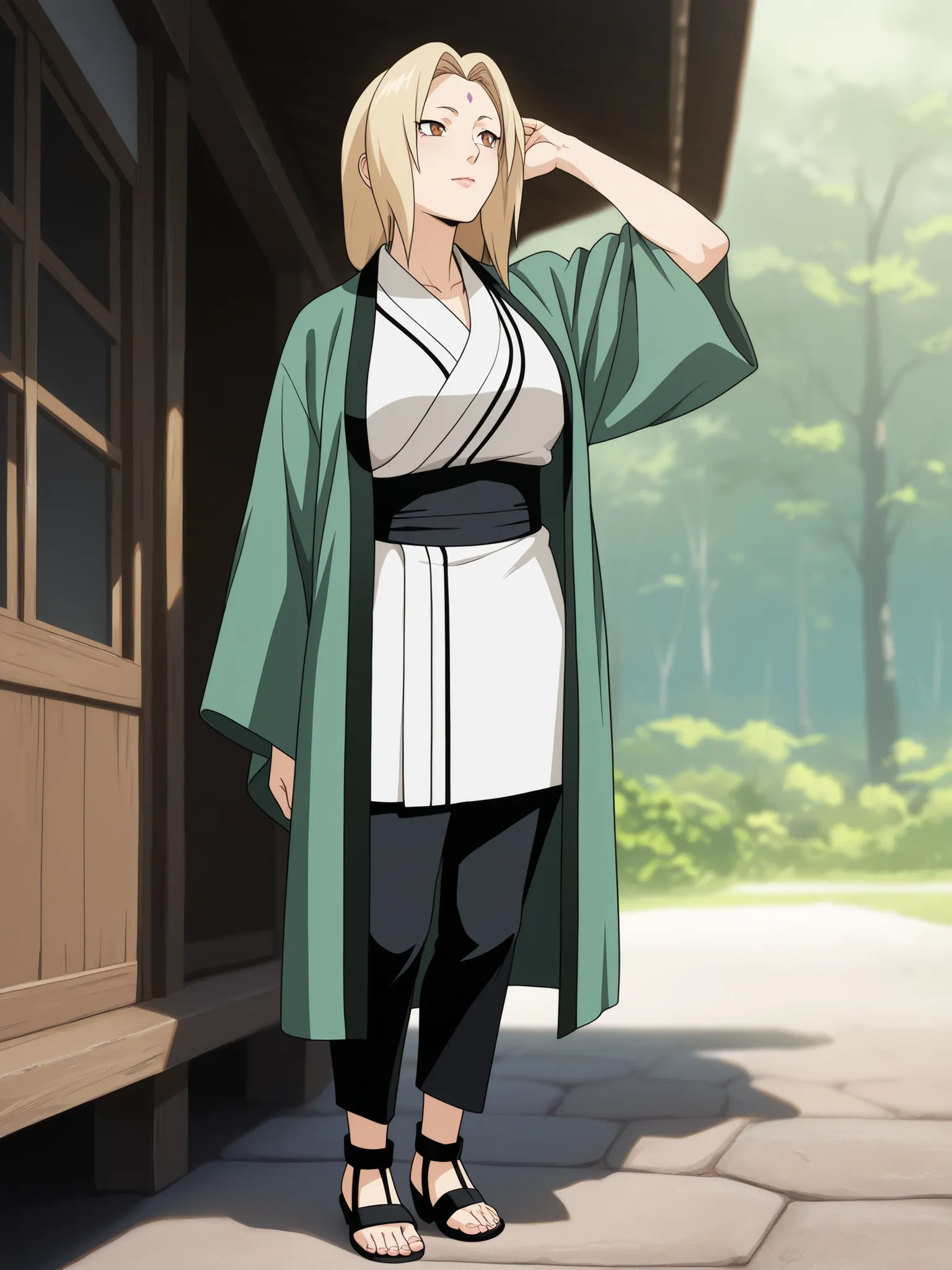 (masterpiece, best quality, anime style, ultra-detailed, 8k, full-body view of Tsunade Senju standing in a peaceful outdoor setting, mature woman with long blonde hair, wearing her usual outfit: short white kimono, black pants, green haori, and open-toe sa...