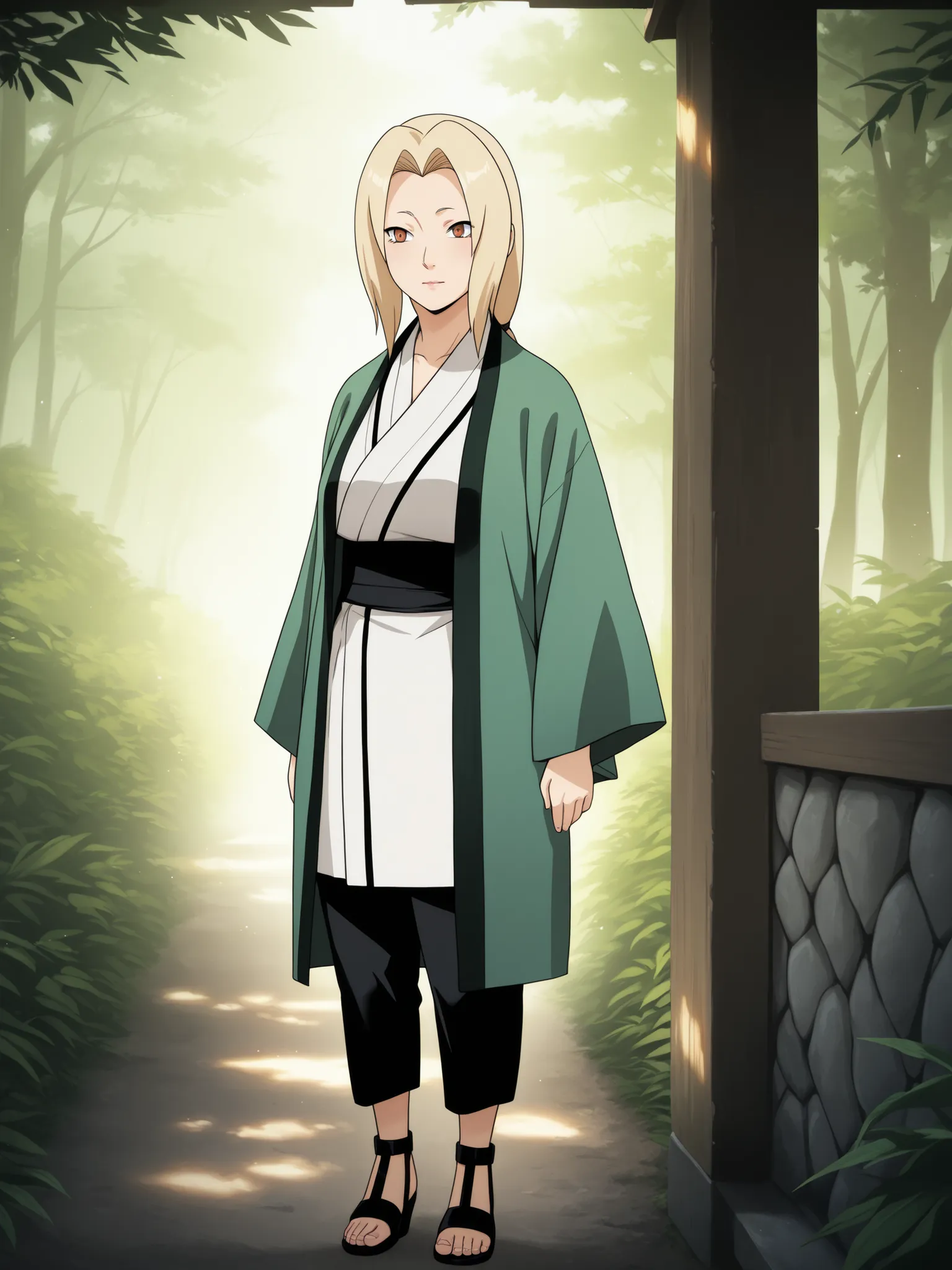 (masterpiece, best quality, anime style, ultra-detailed, 8k, full-body view of Tsunade Senju standing in a peaceful outdoor setting, mature woman with long blonde hair, wearing her usual outfit: short white kimono, black pants, green haori, and open-toe sa...