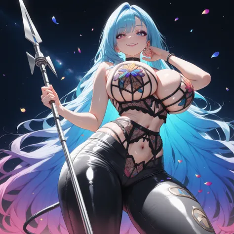 Masterpiece, lightning spear, High Definition,   eye detail:1.5, face details,4K, 8k,(   Sexy Lingerie & tight pants , photo   Sexy Lingerie & tight pants : 1.5),((colorful petals:1.8)),((space colony:1.5)),woman, 1,Super Shiny Blue Latex Dress Space Femal...