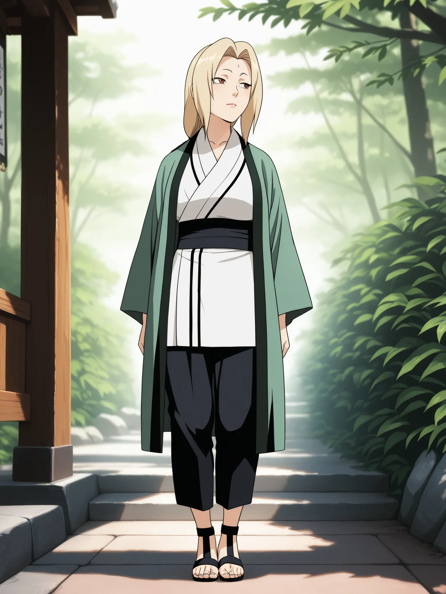 (masterpiece, best quality, anime style, ultra-detailed, 8k, full-body view of Tsunade Senju standing in a peaceful outdoor setting, mature woman with long blonde hair, wearing her usual outfit: short white kimono, black pants, green haori, and open-toe sa...