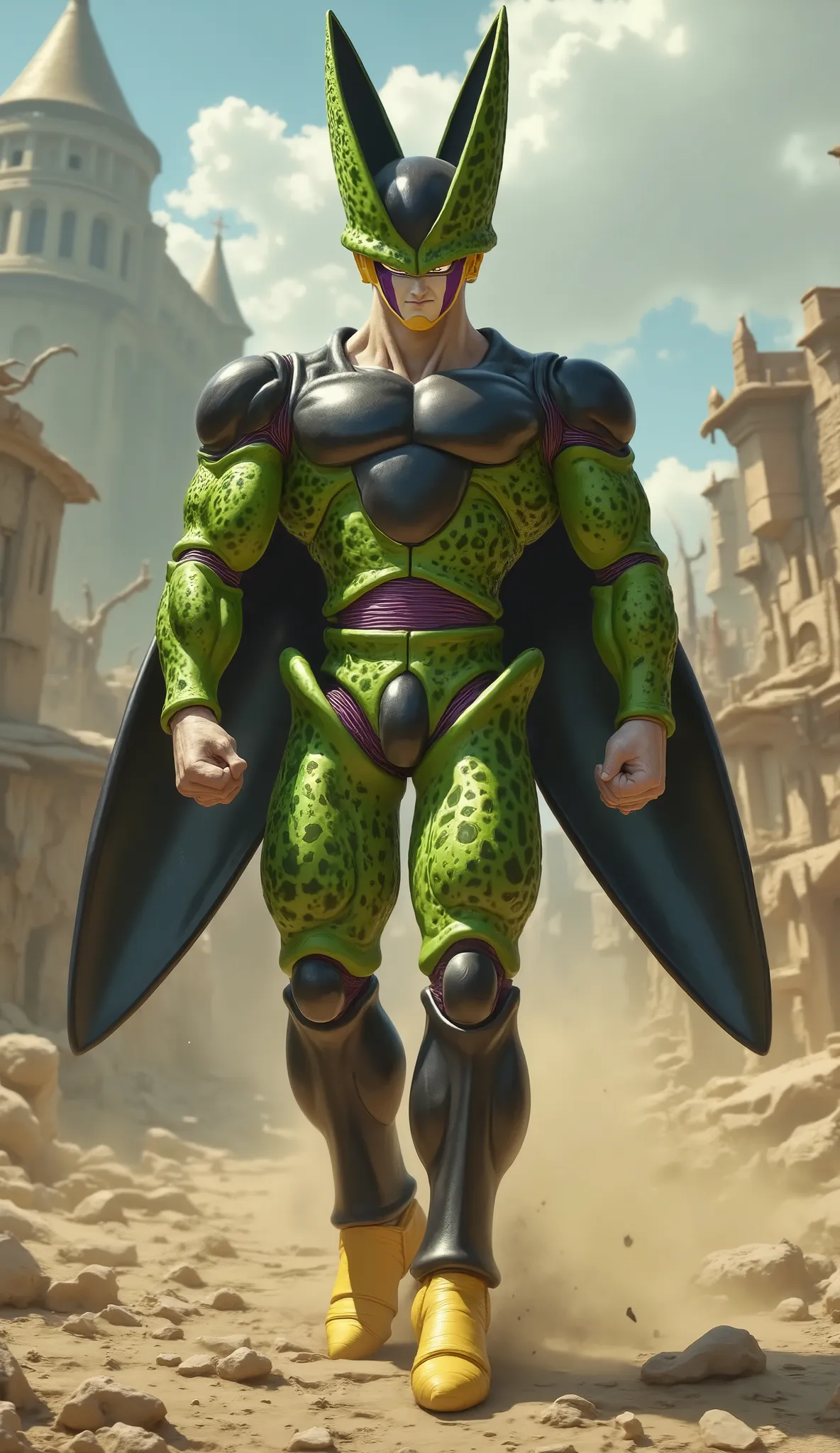Hyperrealistic digital art of full-body Perfect Cell walking through a barren landscape. His anatomy perfectly matches the original Dragon Ball Z design: symmetrical, muscular, lean but defined, with a regal posture. Vibrant green skin with black spots ove...