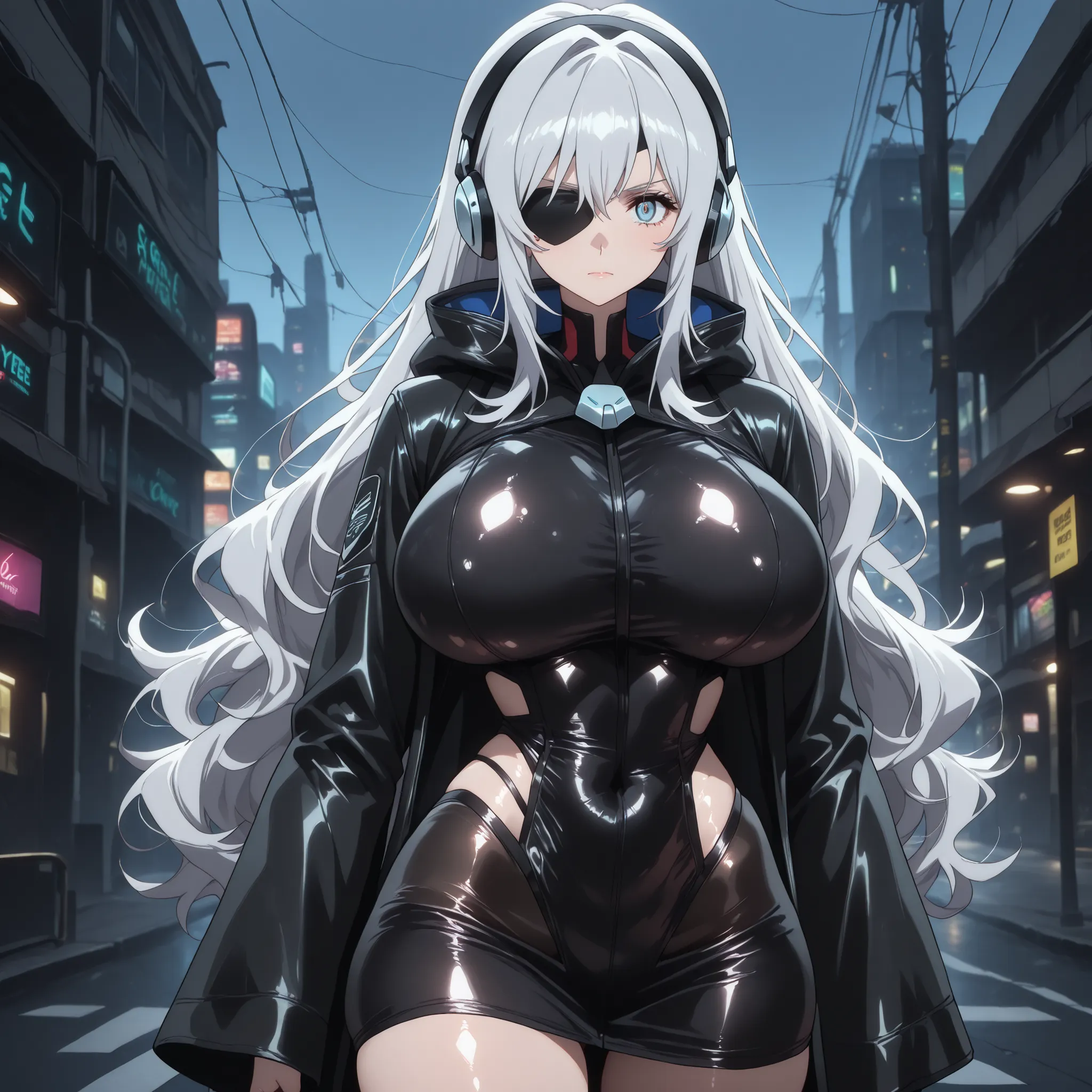 blue eyes on board、(Very Long Silver Hair、Eye patch、Cyberpunk style、raincoat、Street Style、Techwear、headphones) 、((very big breasts))、anime style、high image quality、high quality、1girl、sexy、NSFW、Dark Core、cowboy shot