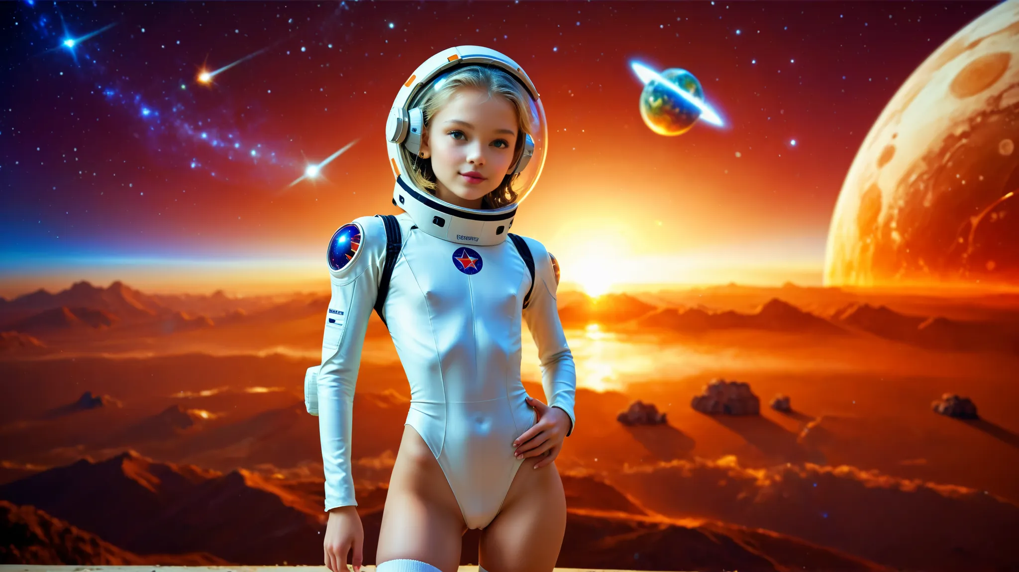 (very skinny girl: 1.0),(is a very young girl: 1.0), Beautiful girl, skinny girl, thin waist, wide hips,  Slender legs,  Very young face , flat chest, hip spacing (camel paw: 1.2), Leotard,in white knee socks , wearing a spacesuit helmet, have very light g...