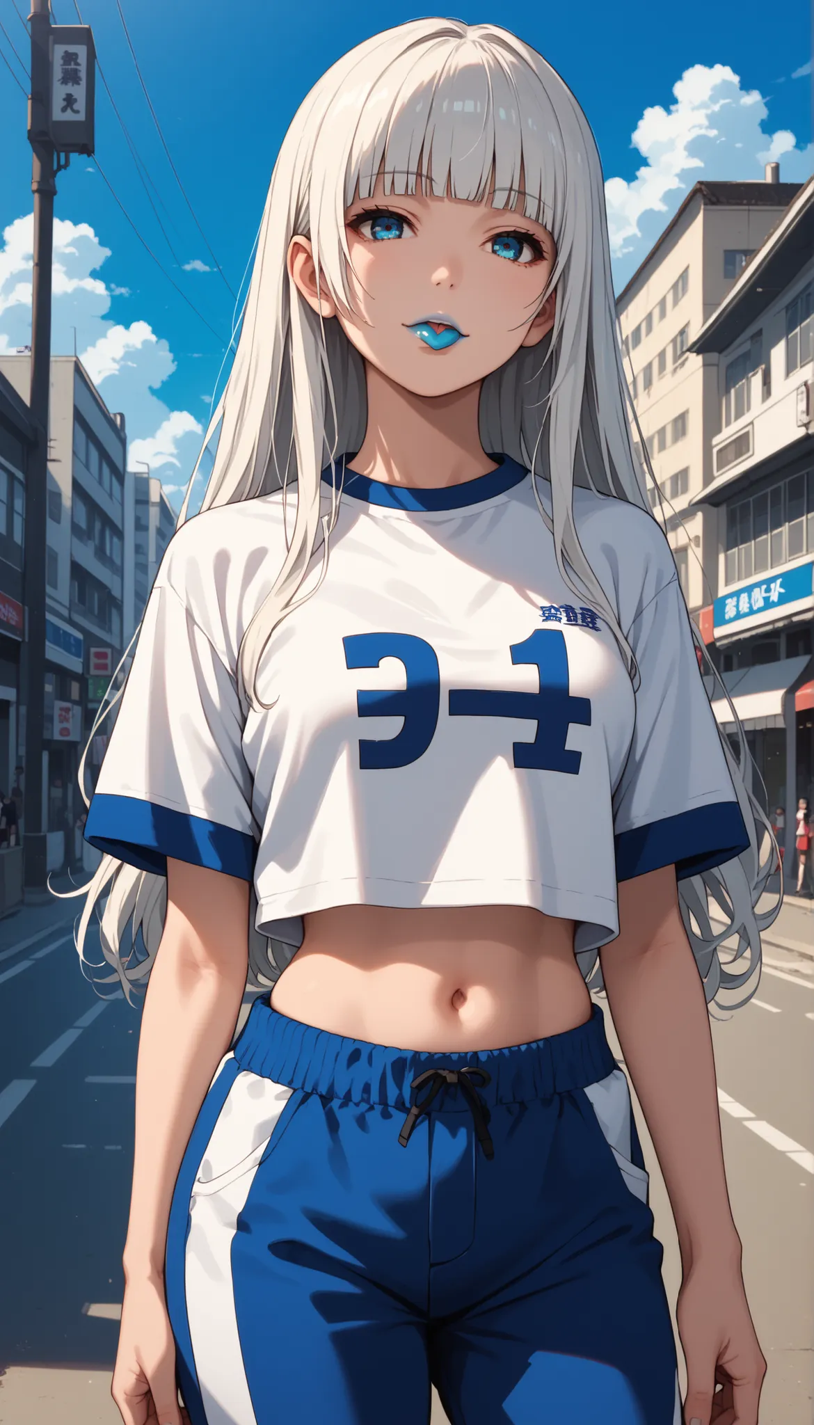Score_9, score_8_up, score_7_up, score_6_up, source_anime, rating:general, 1girl, kirari momobami, white hair, long flowing hair, hime cut, blunt bangs, blue eyes, Sanpaku eyes, pale skin, round face, cute face, slender build, medium sized breasts, thick t...