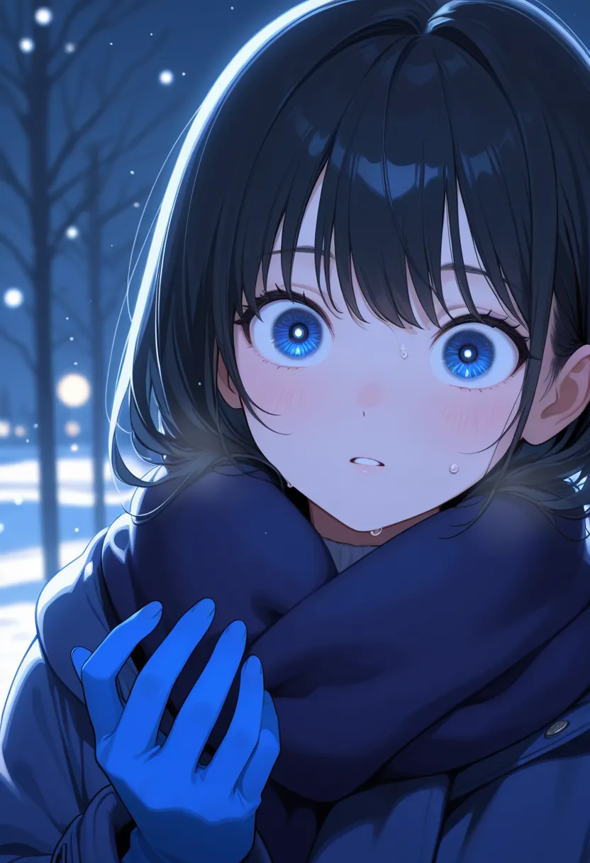A girl has short black hair, blue limbs, wide eyes and blue eyes. She wears winter clothes and the weather is rainy