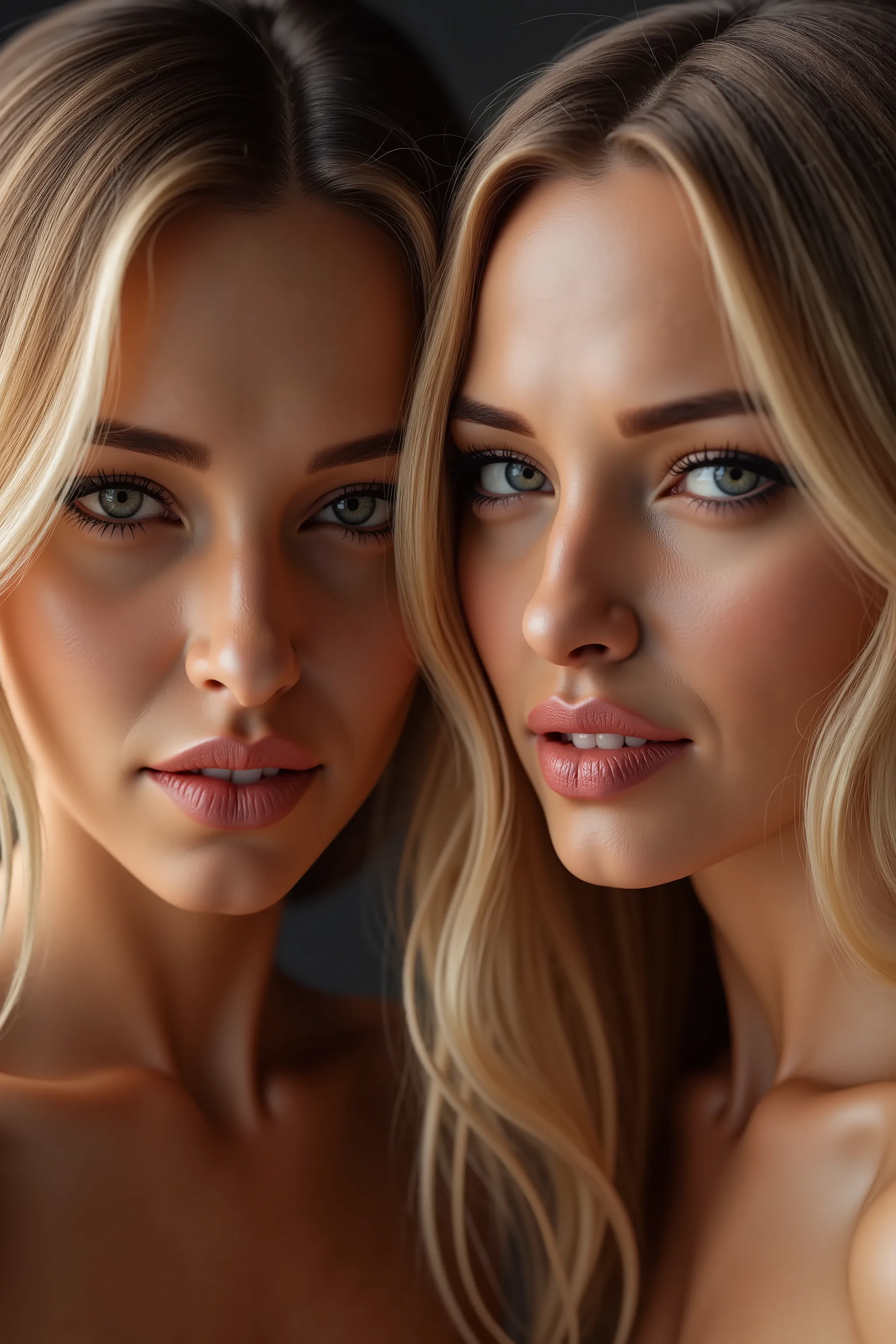 Valentina Grishko, Rikki Six, Marta Mayer, facial close up of two beautiful women, high cheekbones, very full lips, slim face, sexy messy long blonde hair, Caucasian but tan skin, Ukrainian