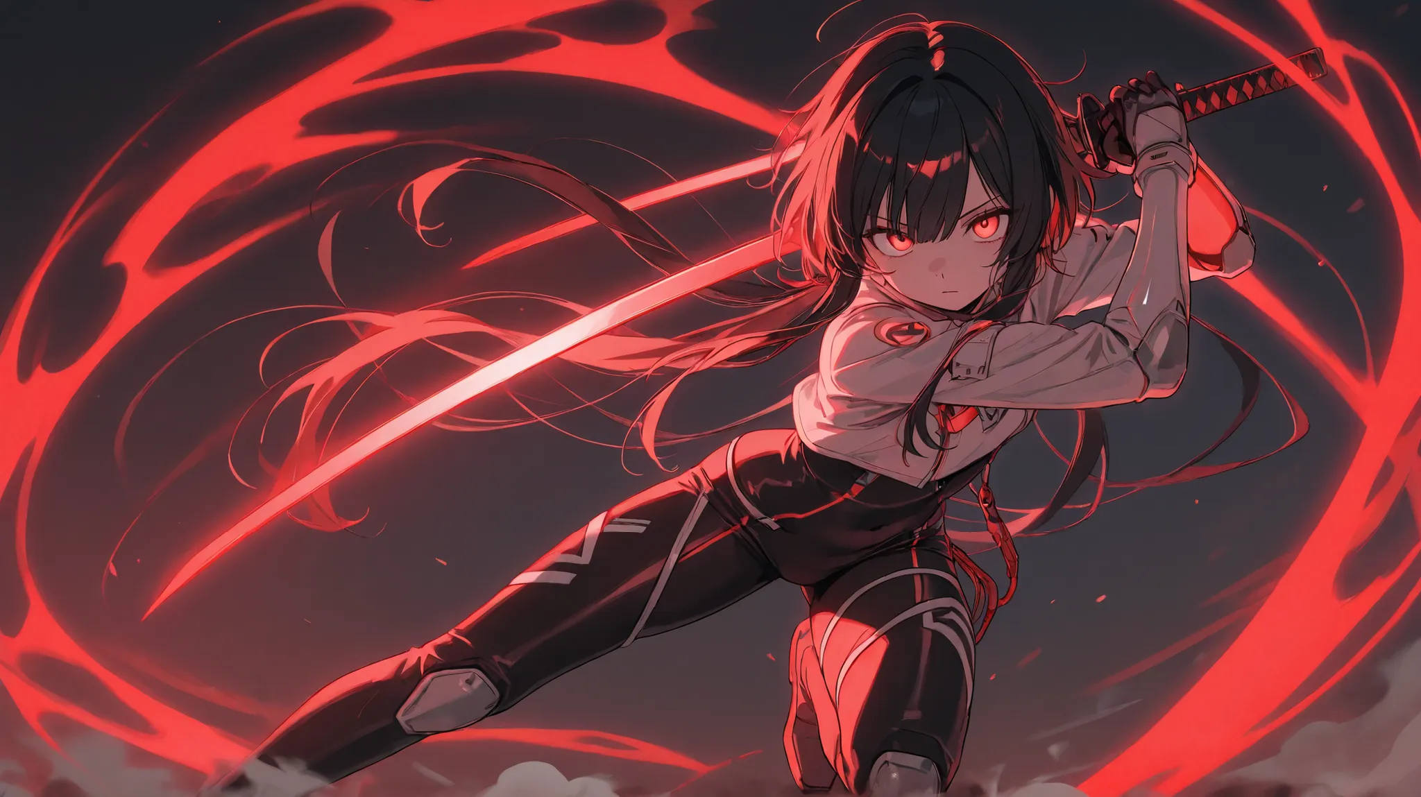 Epic scene of female character, beautiful girl with short black hair with long locks and a fringe, wearing a white techwear-style outfit, Wielding a neon red futuristic katana, em pose de combate, olhos fechados, expressionless face, completamente calma, r...
