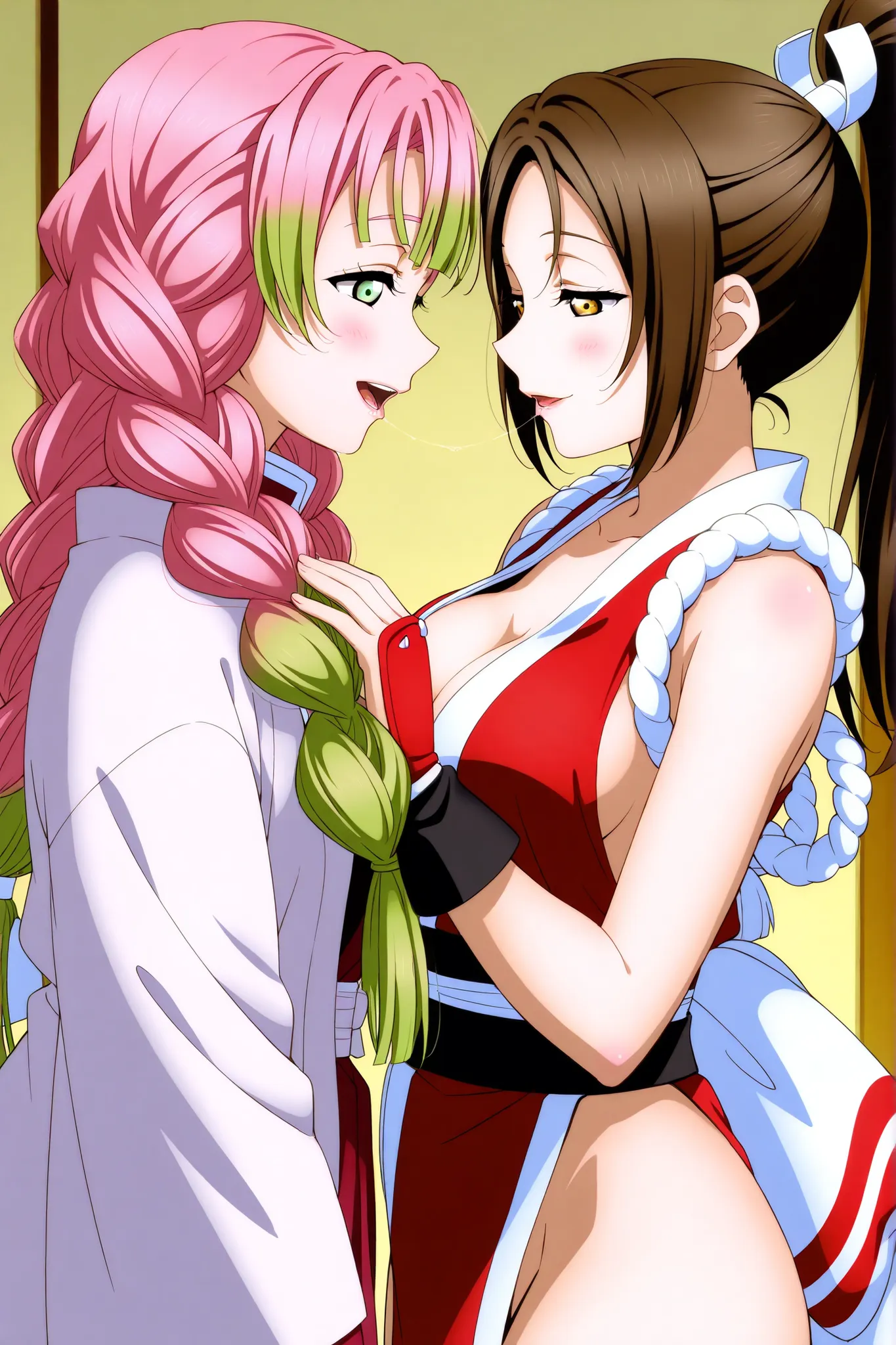 Love live, official artwork,2girls,mitsuri_kanroji, shiranui mai, looking at each other, cowboy shot, from side, implied yuri, happy,glossy lips,half closed eyes, saliva trail between lips