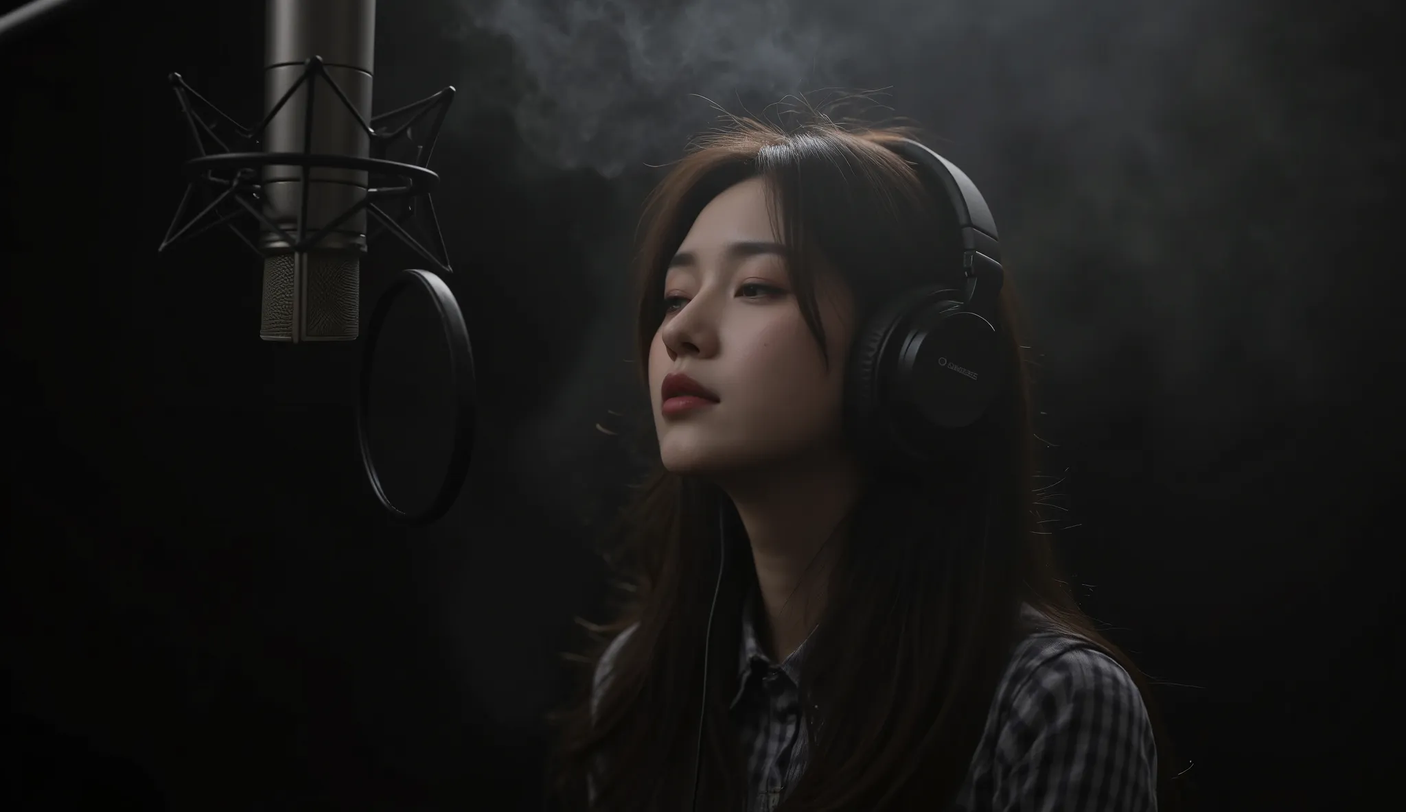 A beautiful Korean stands gracefully in the middle of a dark studio, mic with a black background veiled in a soft mist of smoke. She wears large headphones that cover her ears, completely immersed in the flow of music. Her lips are slightly parted as she ...