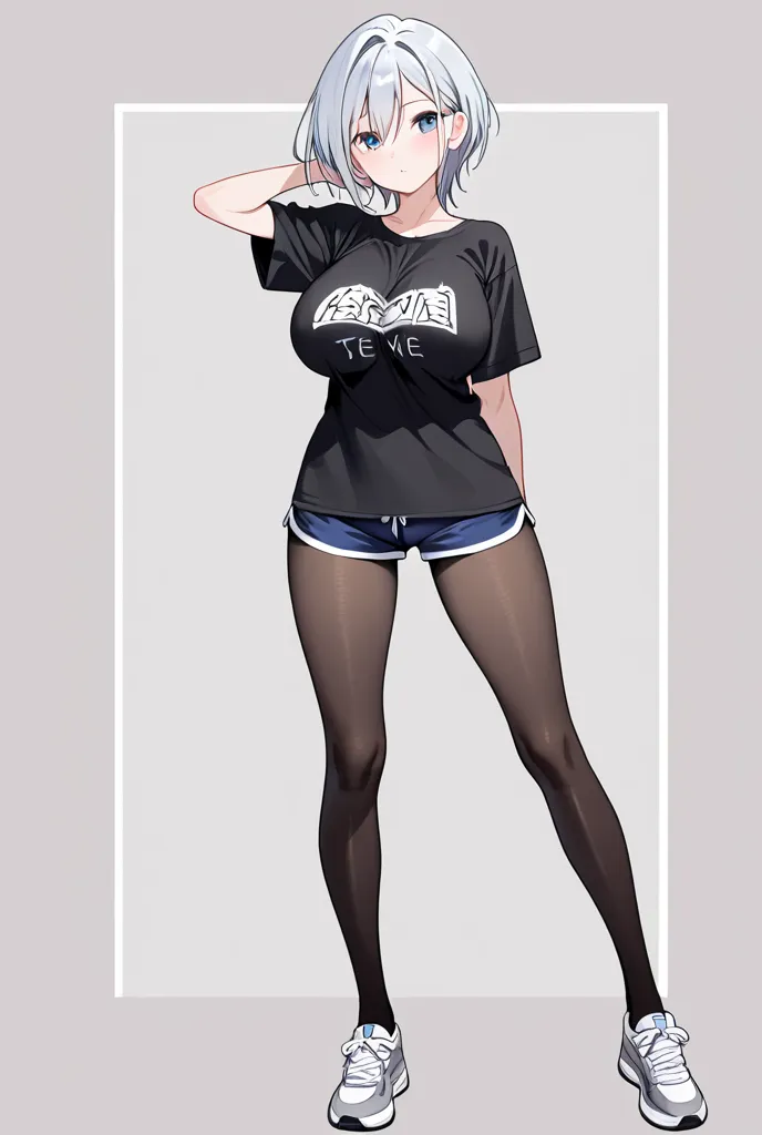 1 girl、 Silver Hair、 Slim、Big Breasts、full body tights to cover full nudity、show your face、T-shirt、shorts、masterpiece、Highest Quality、uncensored