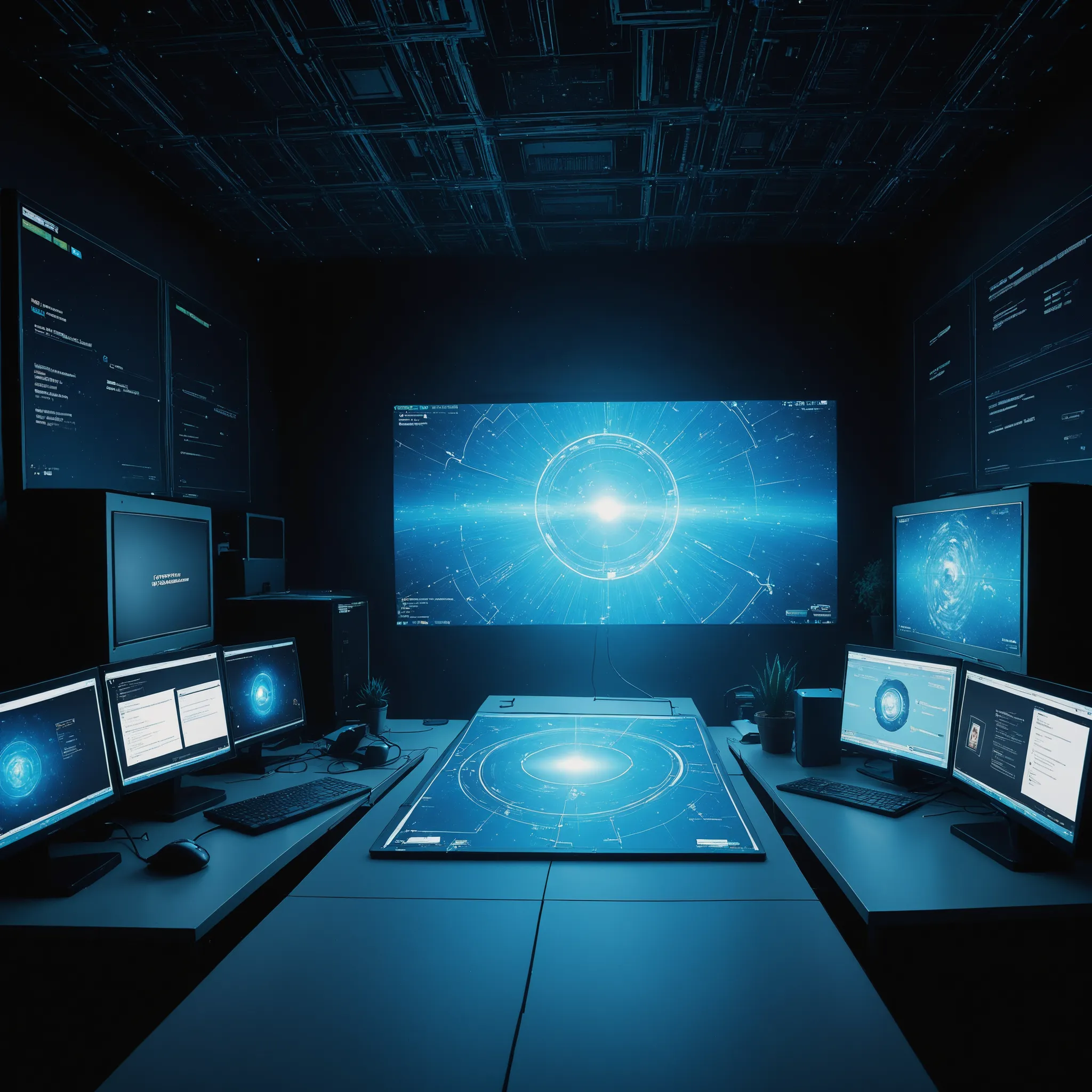 this image transmits an atmosphere of advanced technology and data analysis in real time. The Man with a Hidden Face   , illuminated with a dramatic contrast, reflects concentration and precision in your work. In the background, the multiple monitors displ...