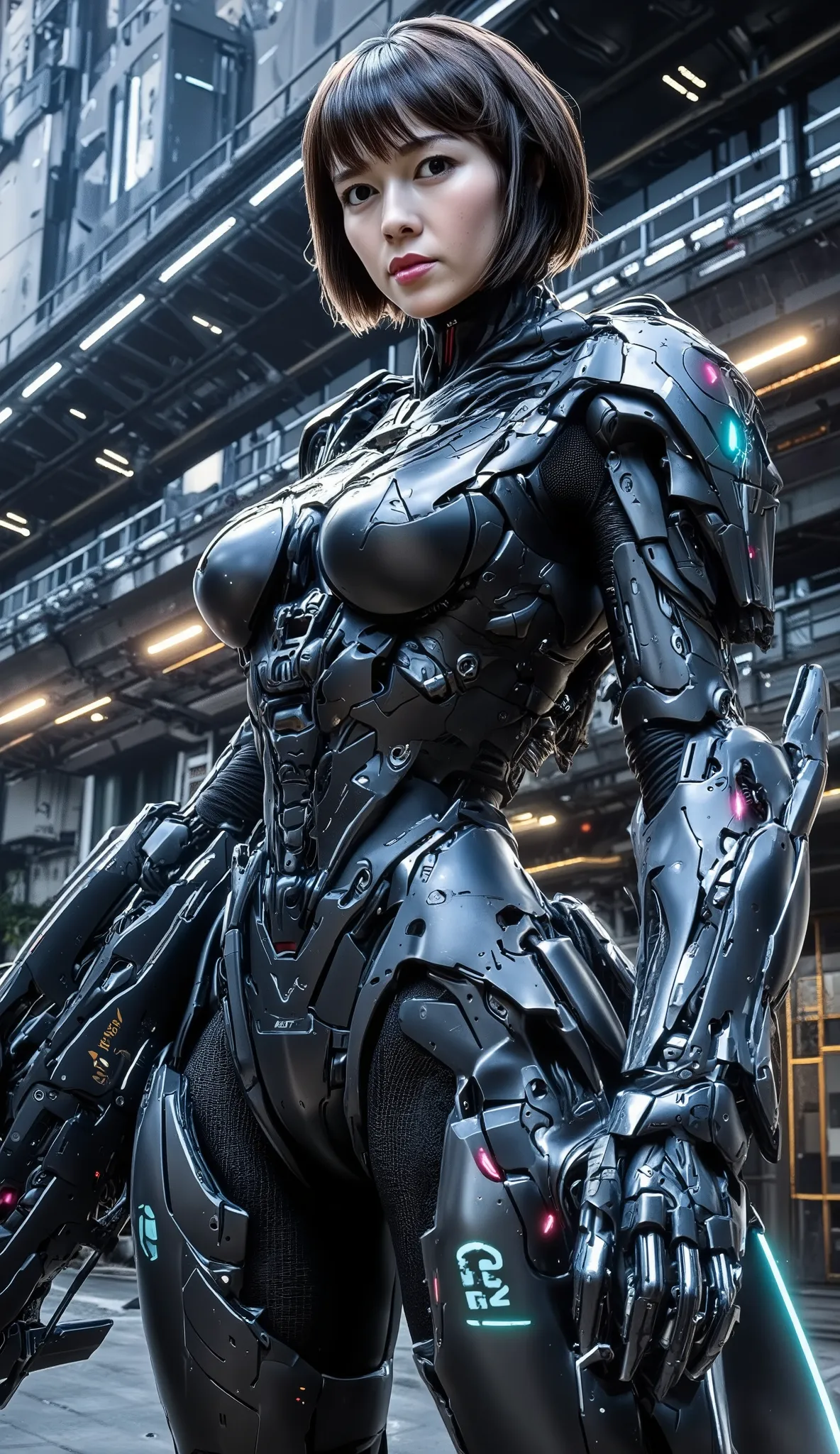 high definition,   female soldier with biomechanical sniper rifle，A girl in a cyborg suit is standing in a collective team with a gun ,Short hair with bob cut ,  Future City，