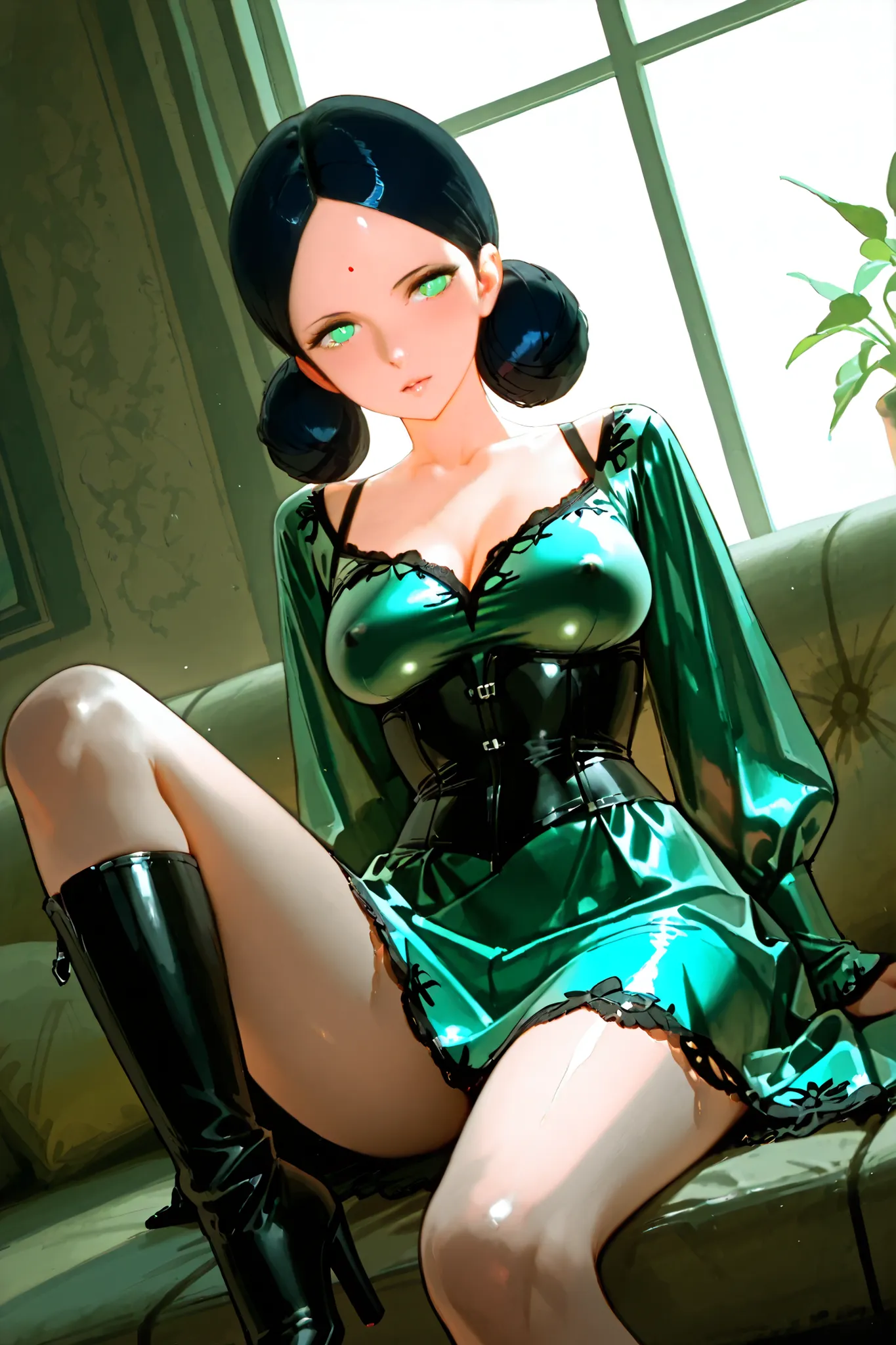 (((sitting cross leged)))、spread legs、BDSM、Queen、mistress、(((girl)))、(((solo:1.8)))、(((blackいラテックスの肘手袋:1.4)))、(((blackいラテックスのコルセットドレス:1.4)))、(((corset dress is adorned with beautiful lace)))、(((Corset Dress with Shoulder Straps)))、(((blackいラテックスのタイトなミニスカート...